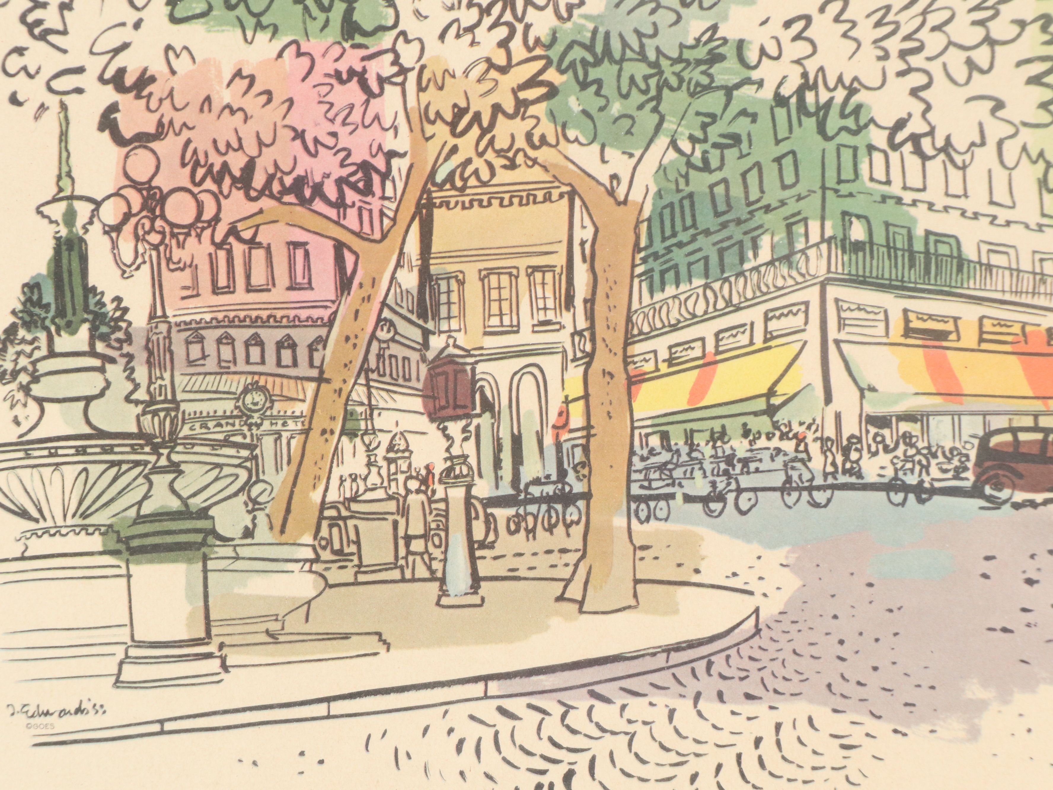 Offset Lithographs of European Street Scenes, Mid-20th Century