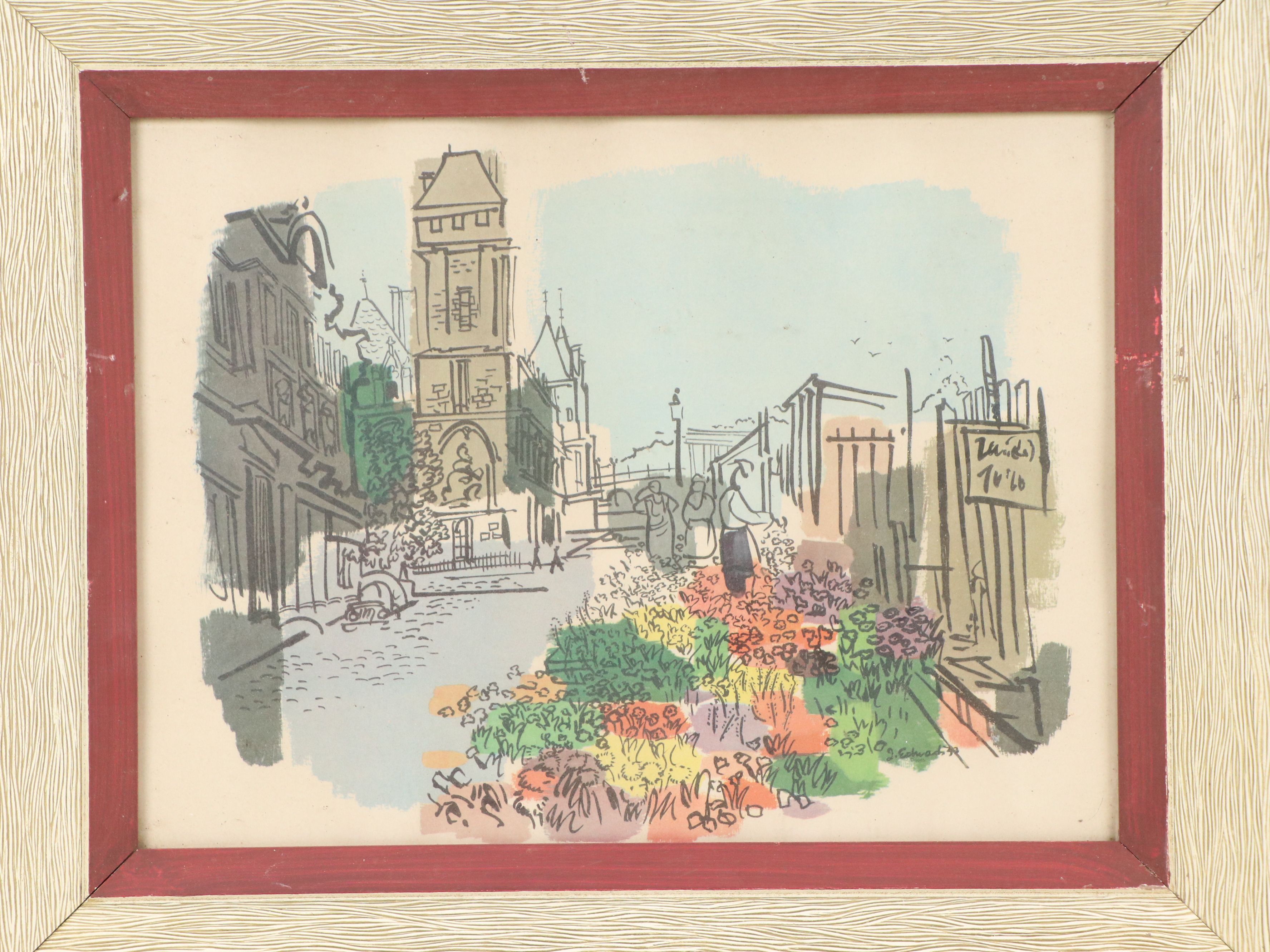 Offset Lithographs of European Street Scenes, Mid-20th Century