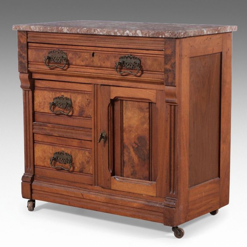 Victorian Walnut and Burl Walnut Marble-Top Washstand Commode