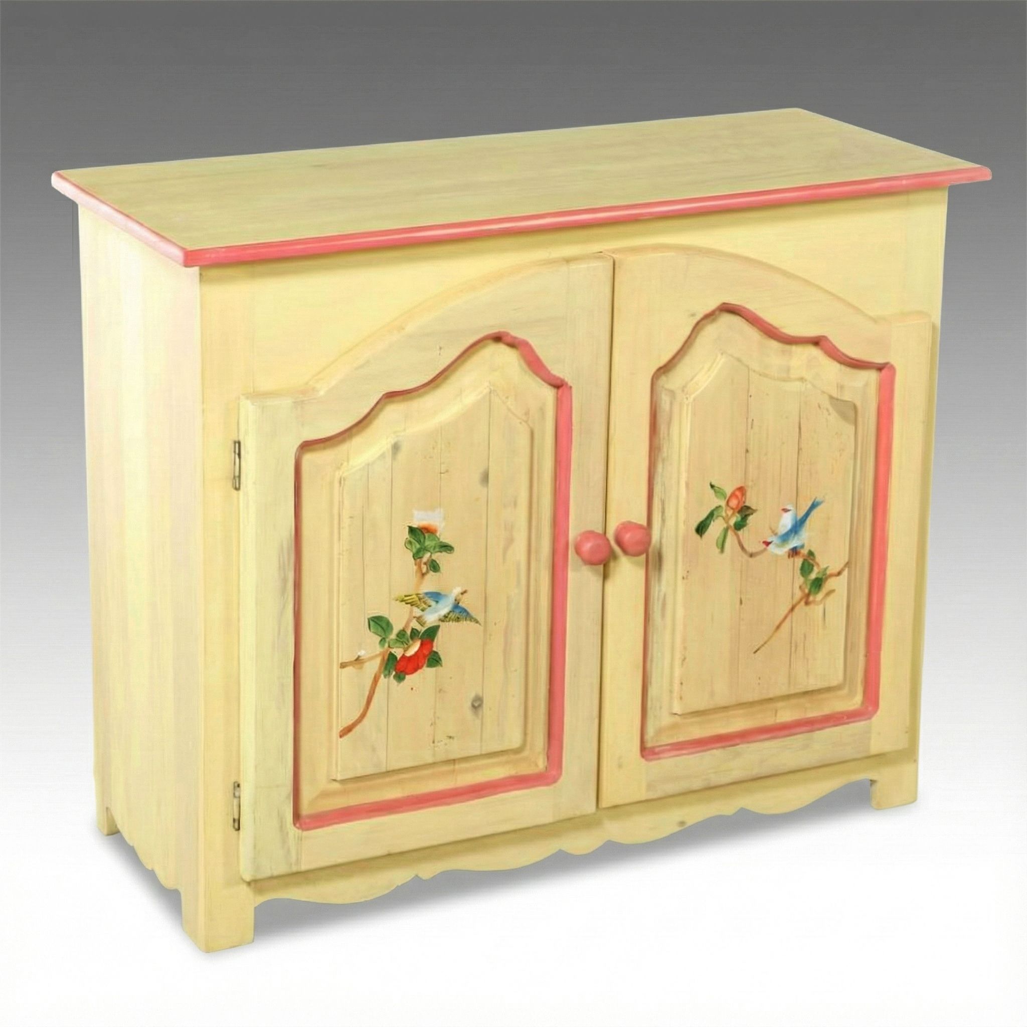 Mexican Hand-Painted Pine Two-Door Cabinet with Bird and Floral Motifs