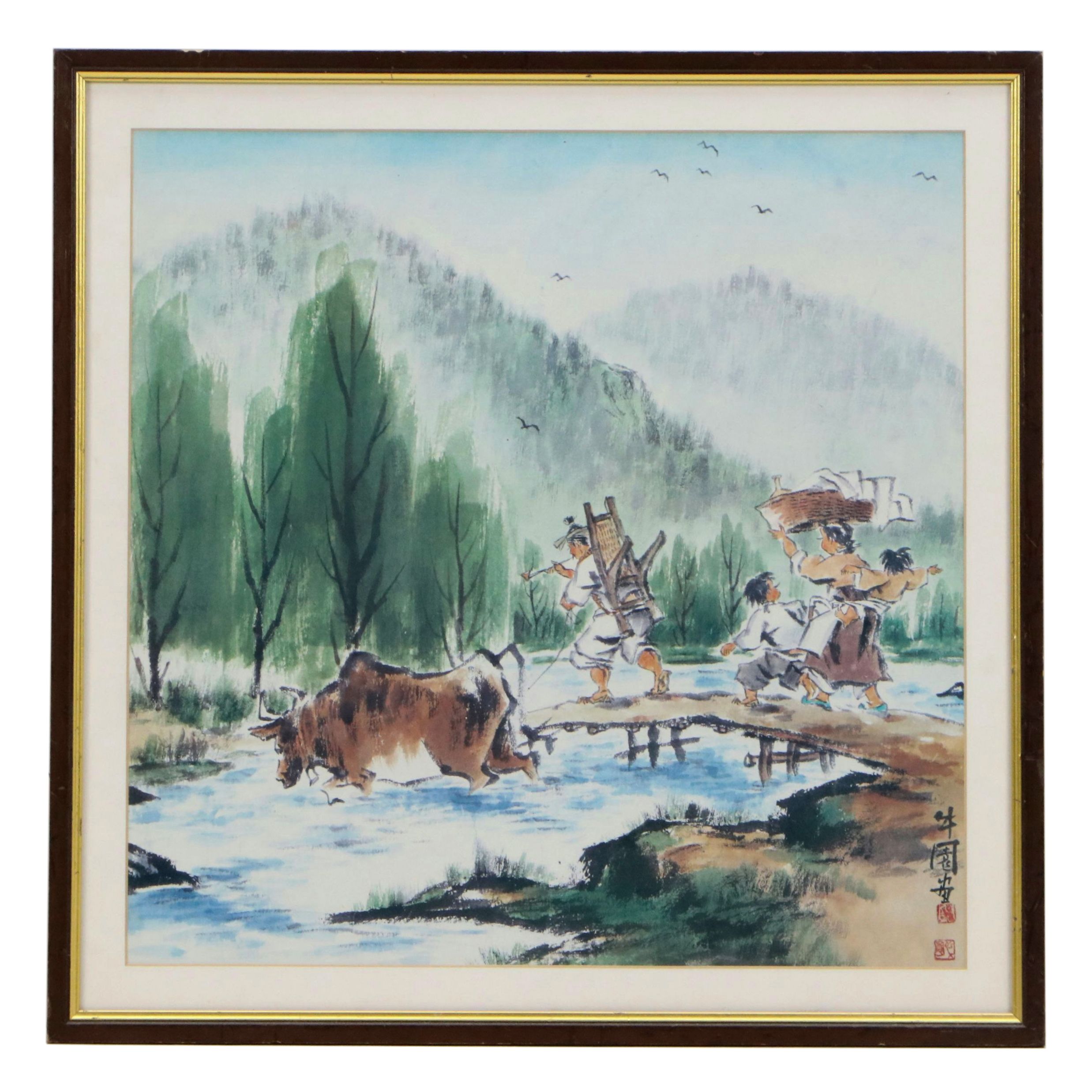 Offset Lithograph of Chinese Landscape with Travelers, Late 20th Century
