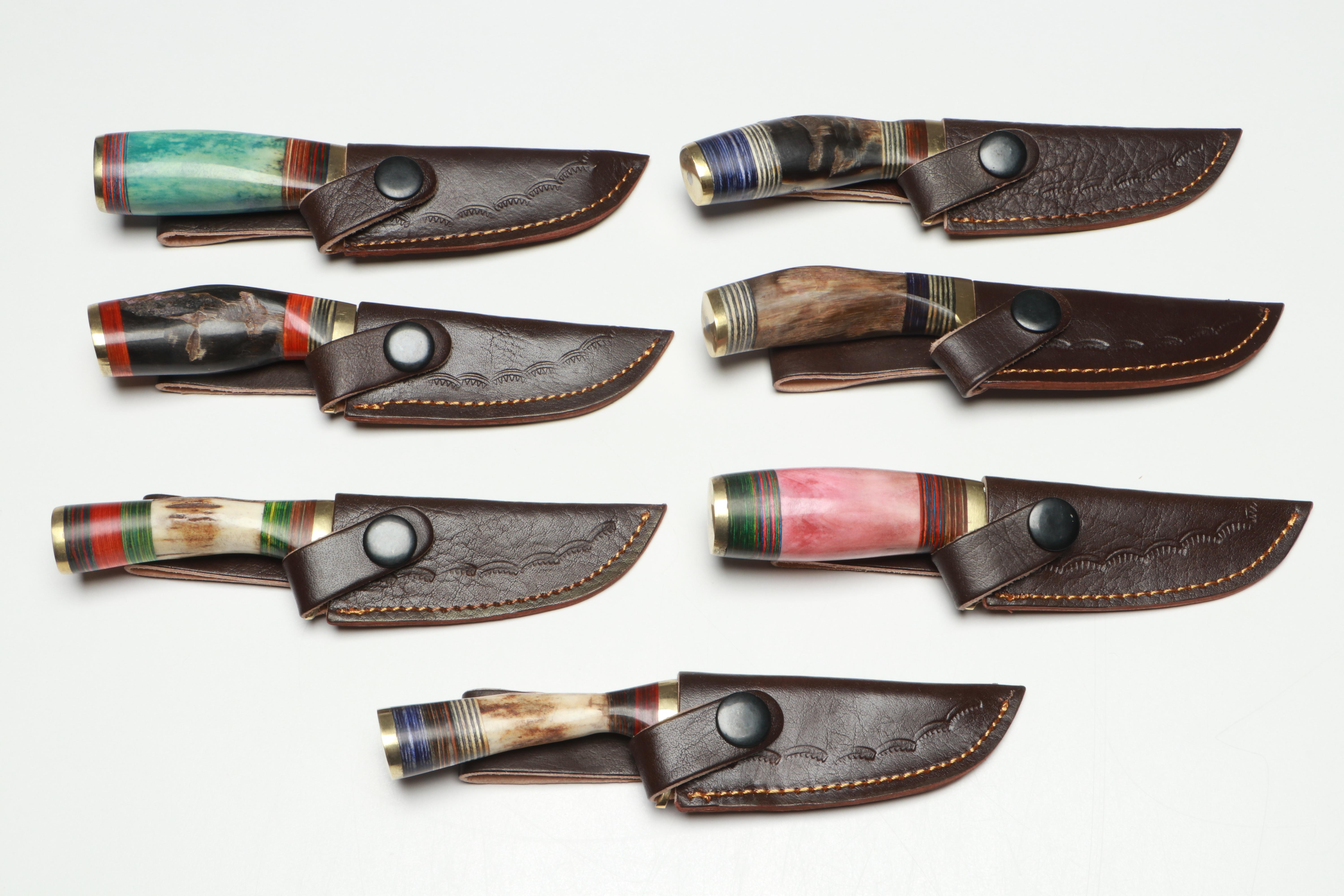 Damascus Steel Skinner Knives in Leather Scabbards