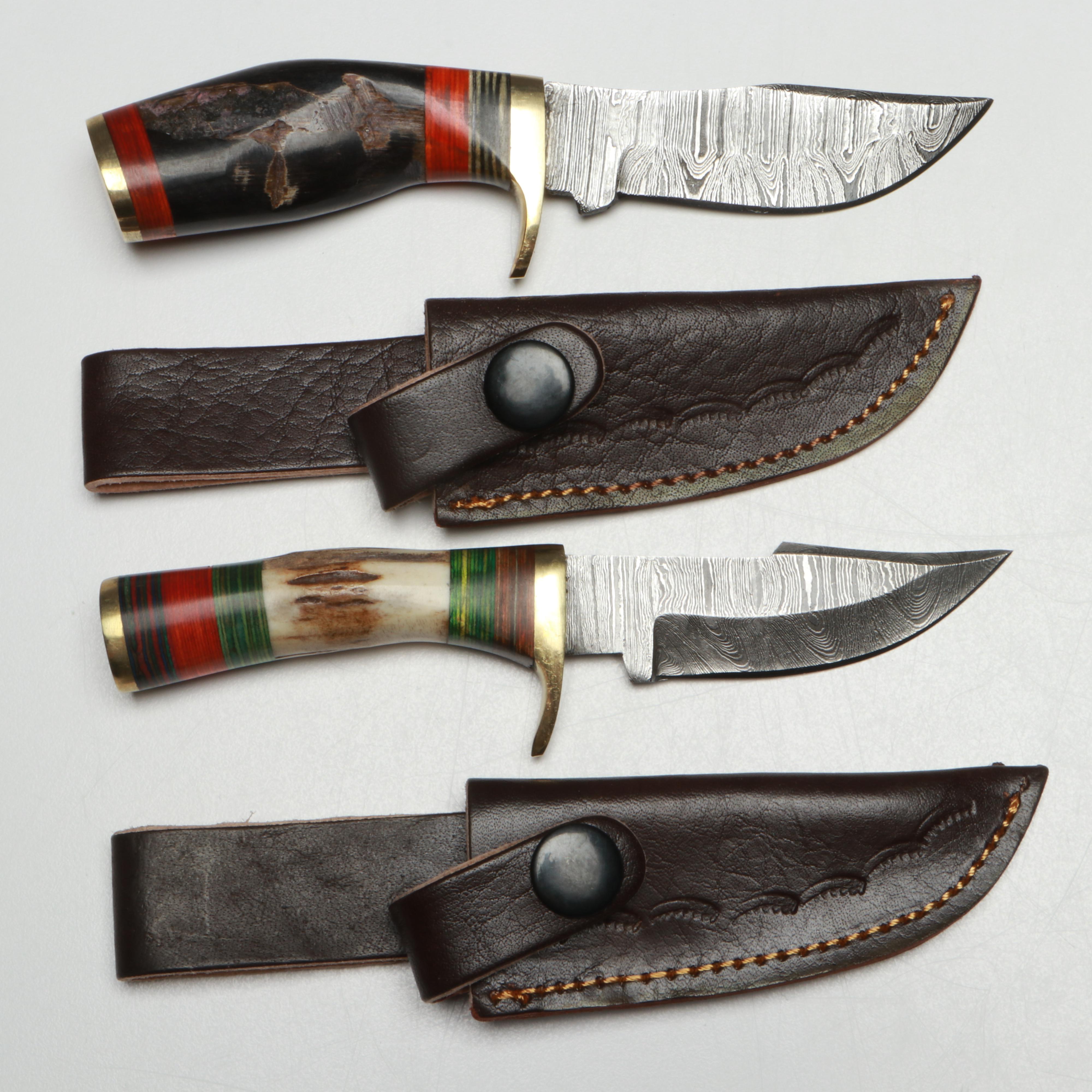 Damascus Steel Skinner Knives in Leather Scabbards