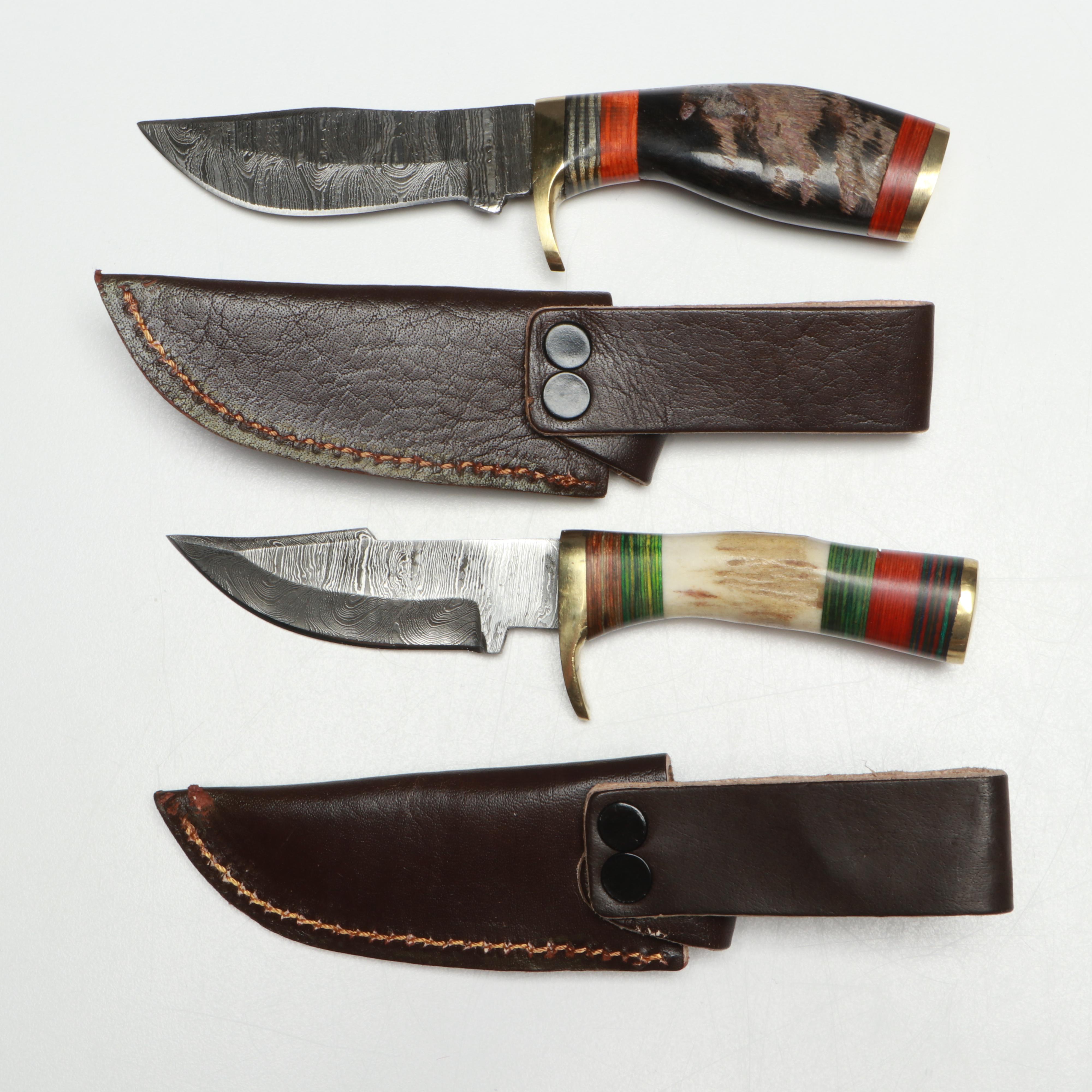 Damascus Steel Skinner Knives in Leather Scabbards
