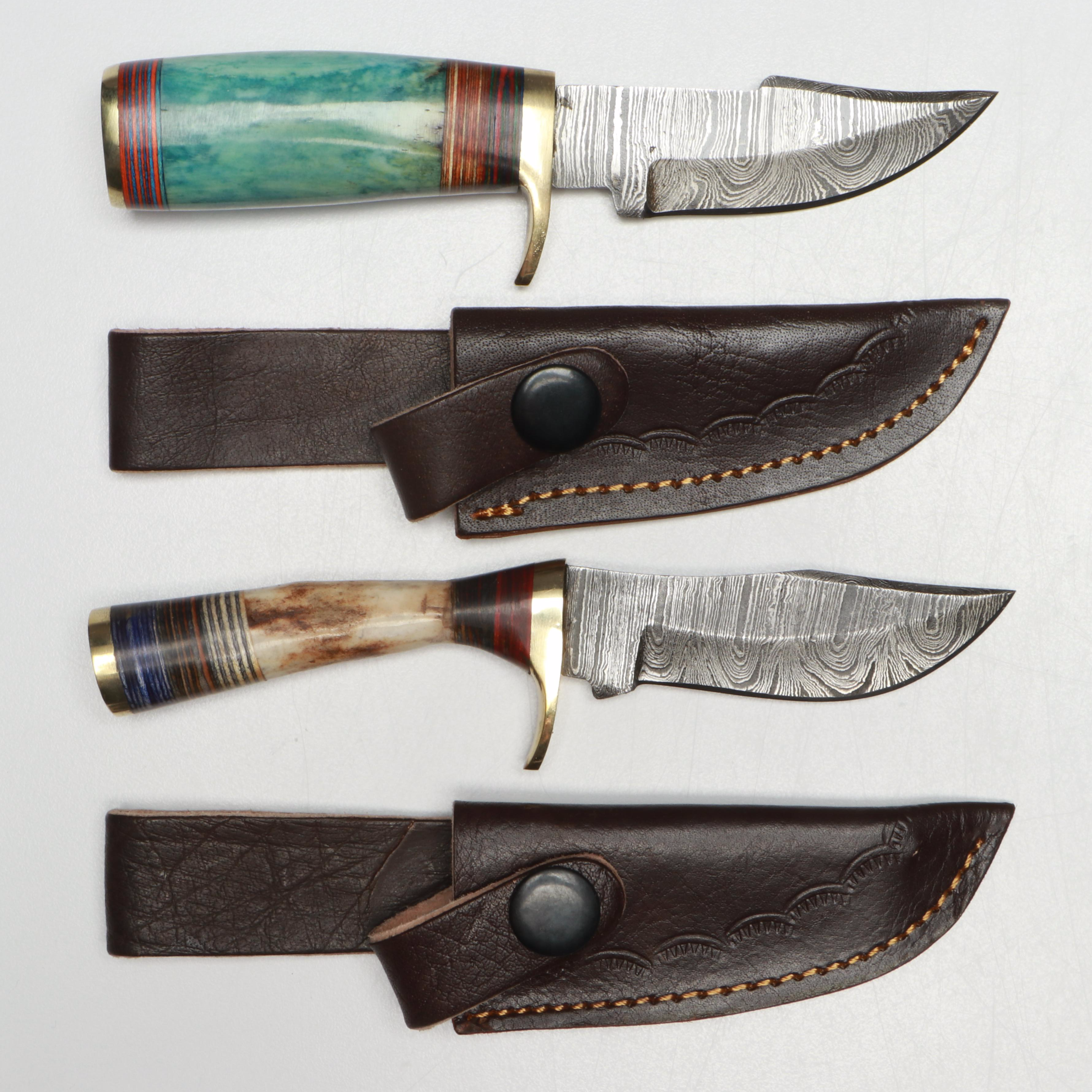 Damascus Steel Skinner Knives in Leather Scabbards