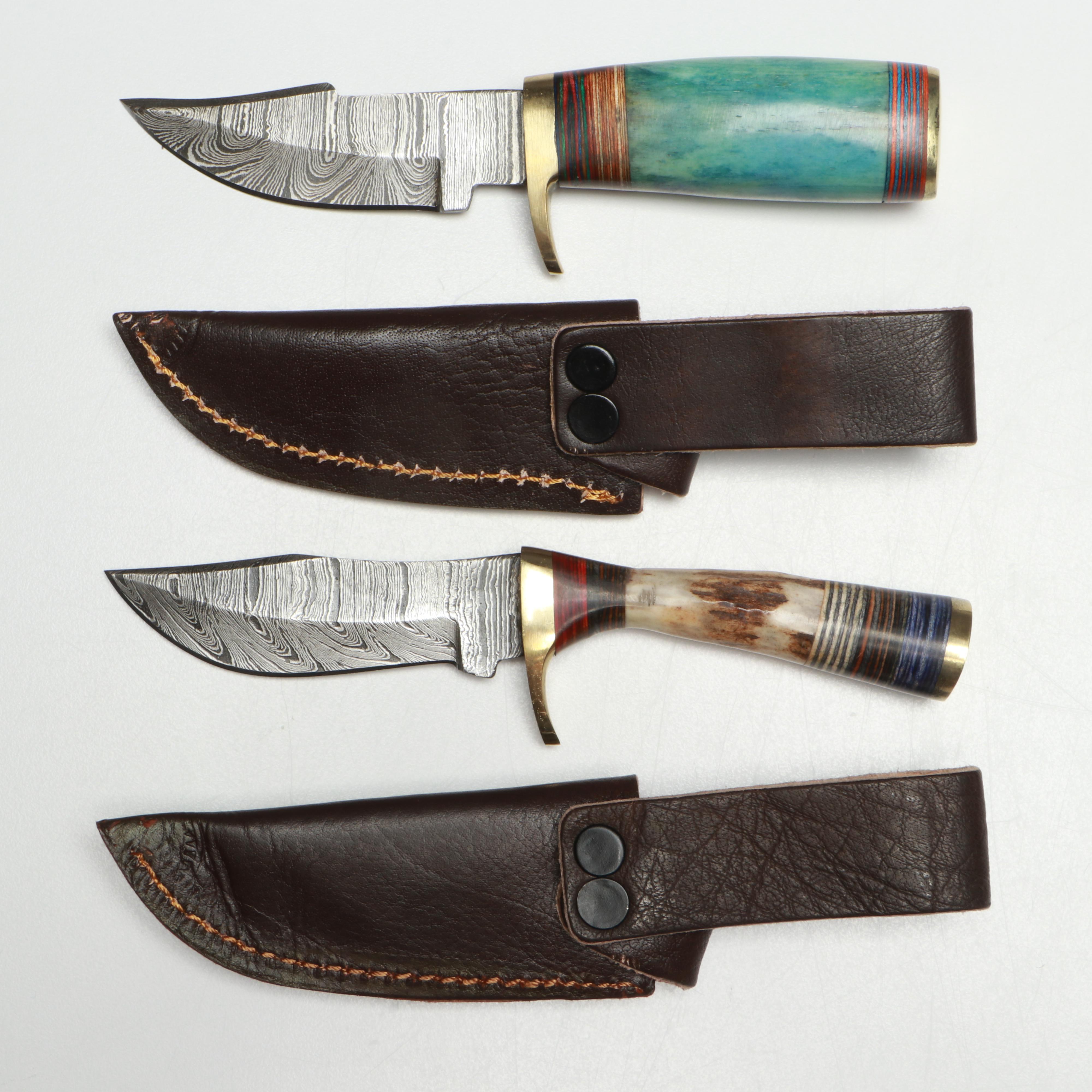 Damascus Steel Skinner Knives in Leather Scabbards