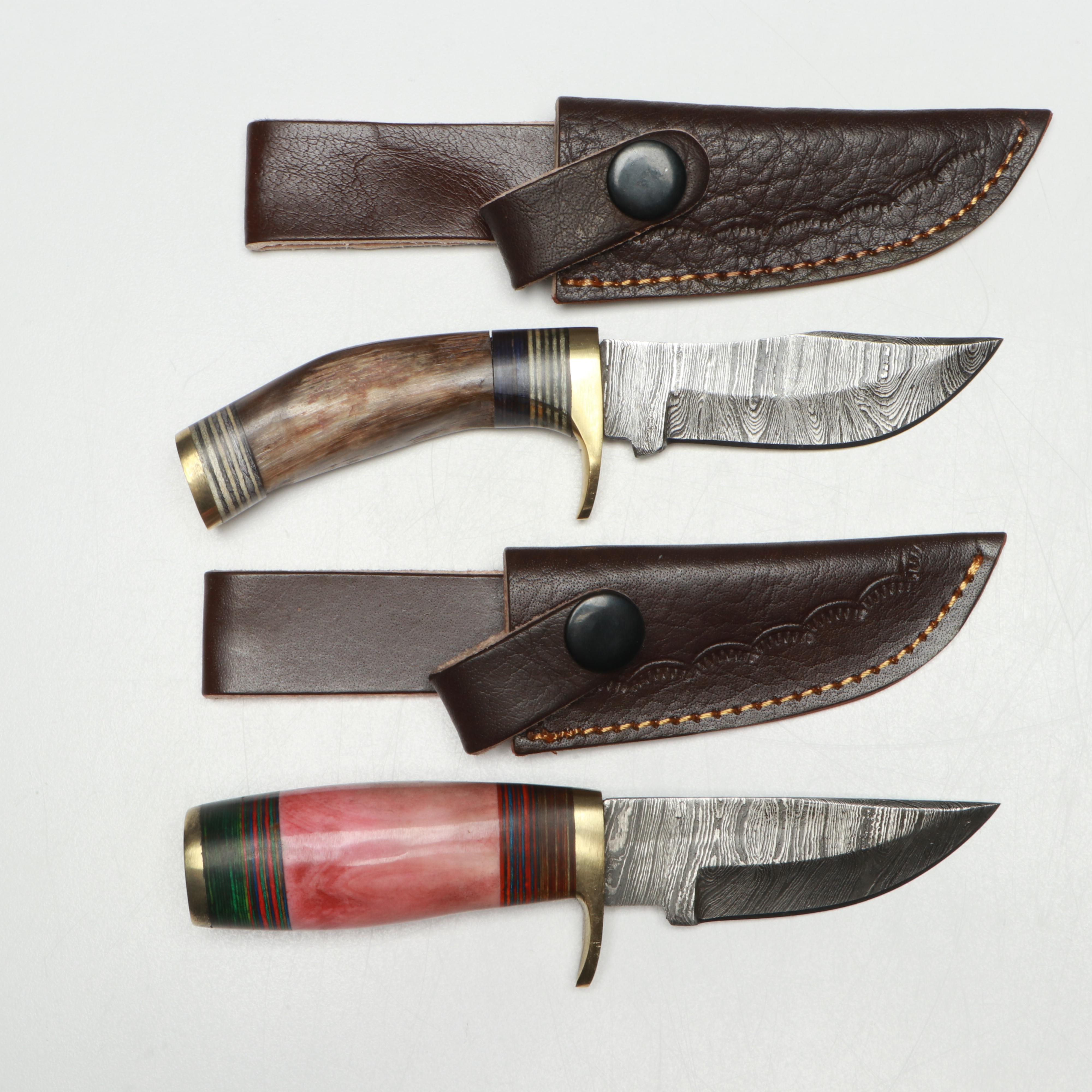 Damascus Steel Skinner Knives in Leather Scabbards