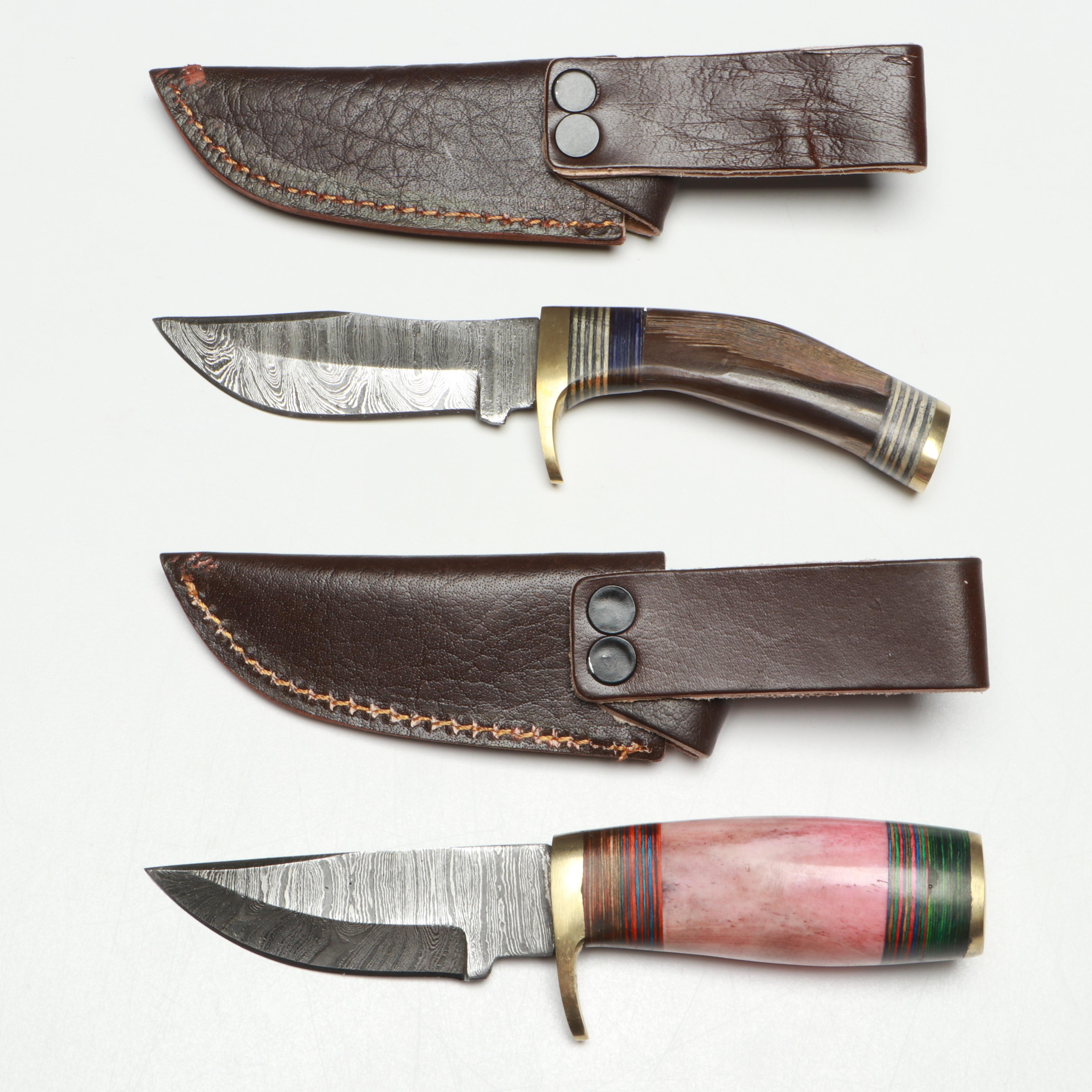 Damascus Steel Skinner Knives in Leather Scabbards