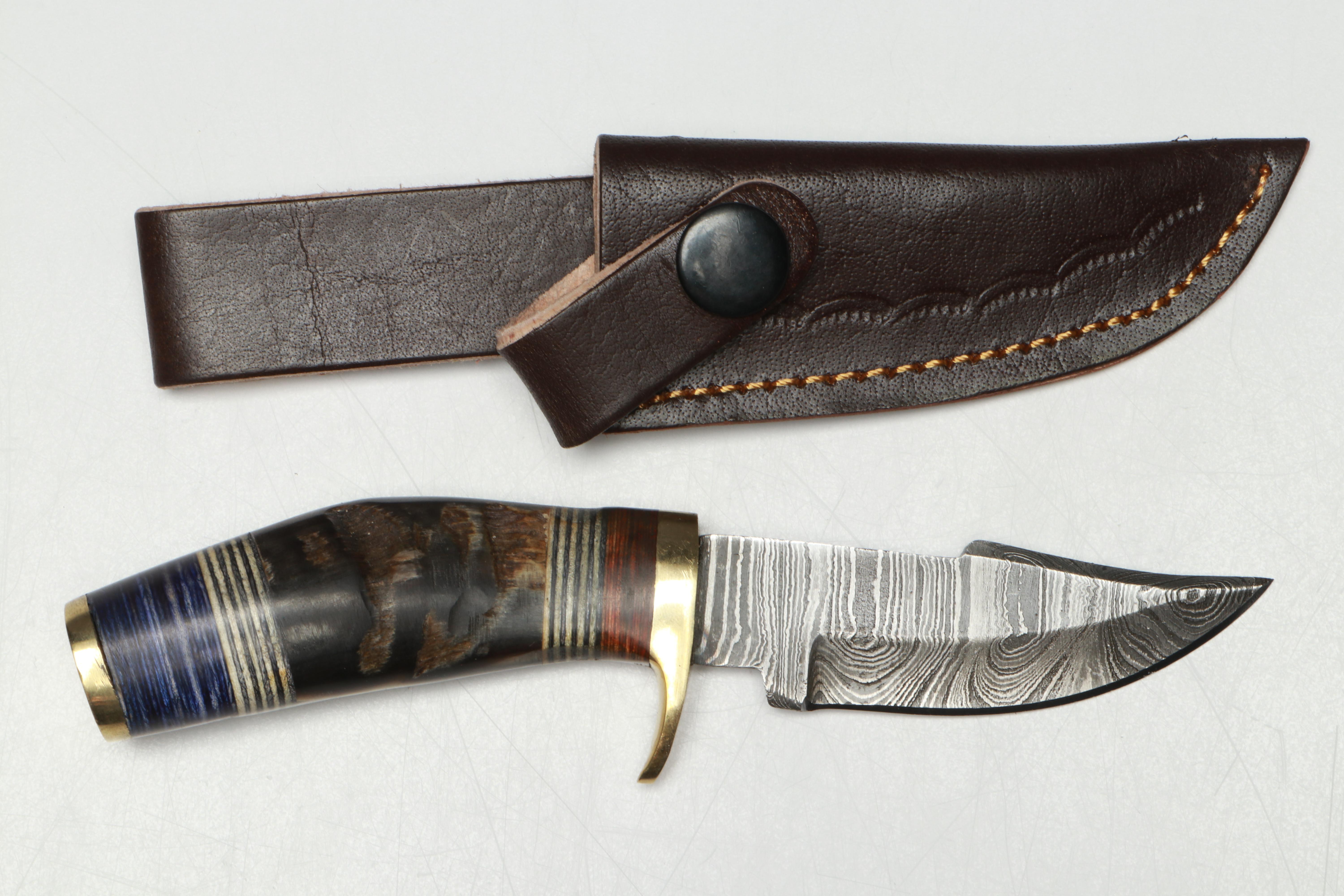Damascus Steel Skinner Knives in Leather Scabbards