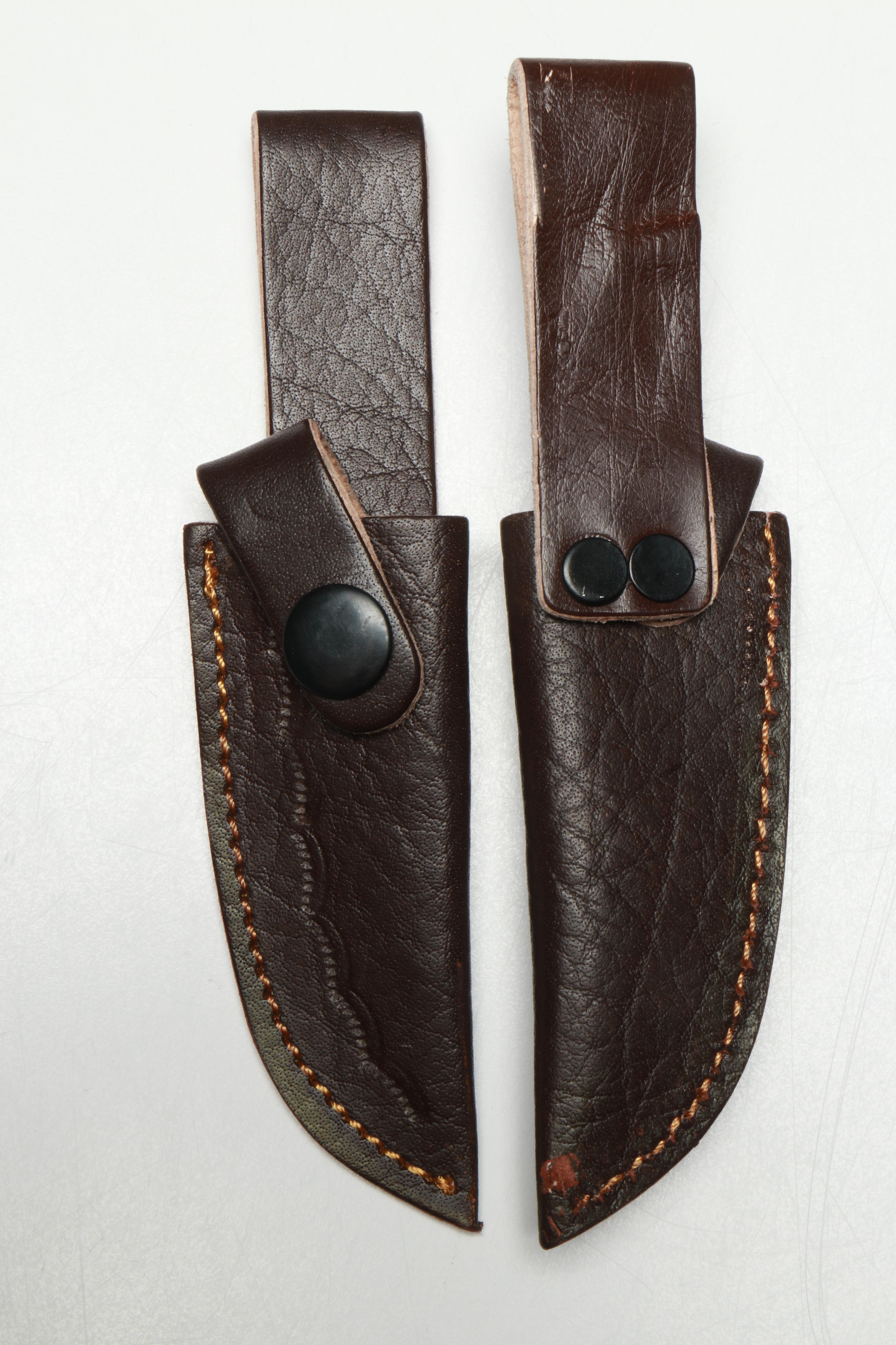 Damascus Steel Skinner Knives in Leather Scabbards