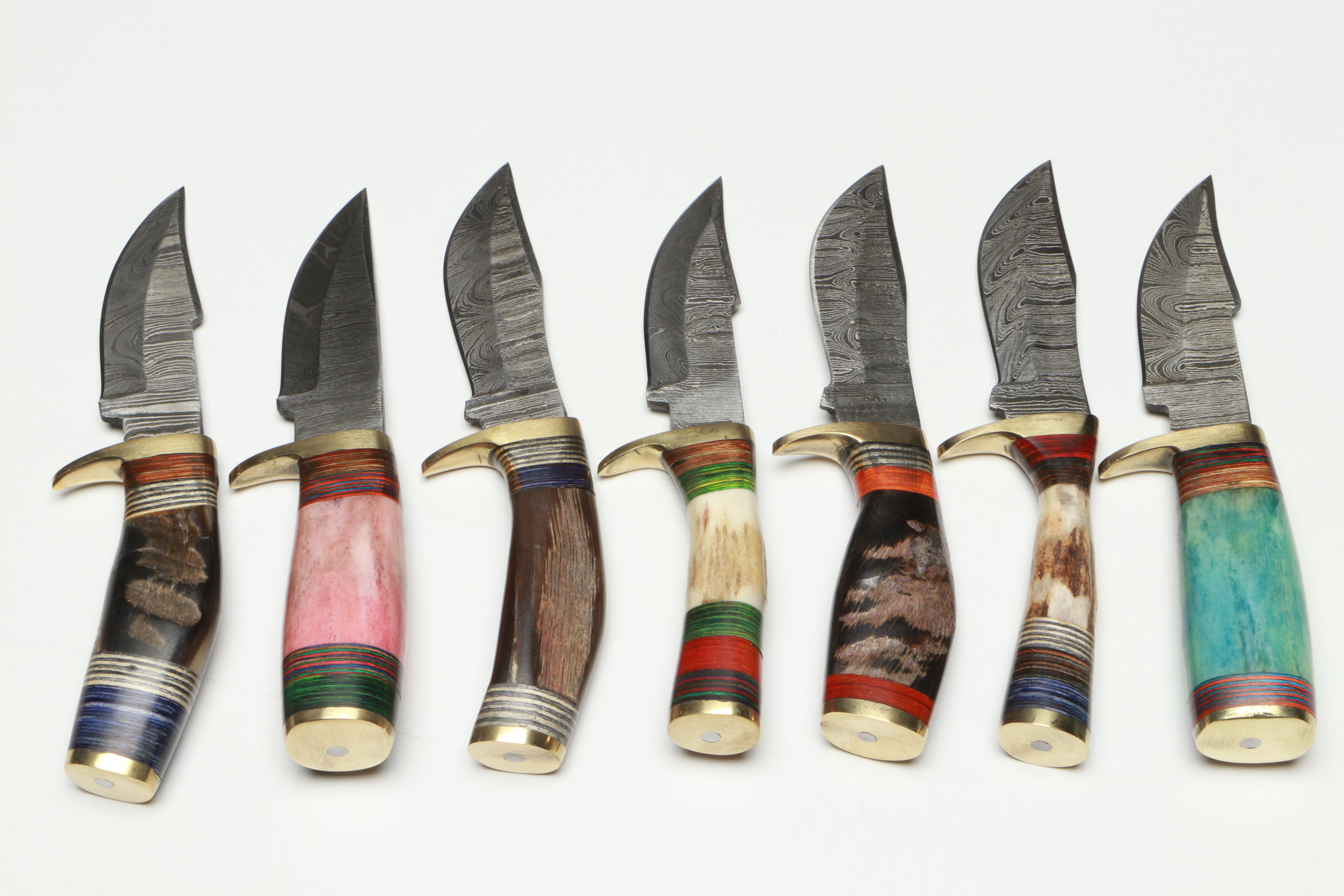Damascus Steel Skinner Knives in Leather Scabbards