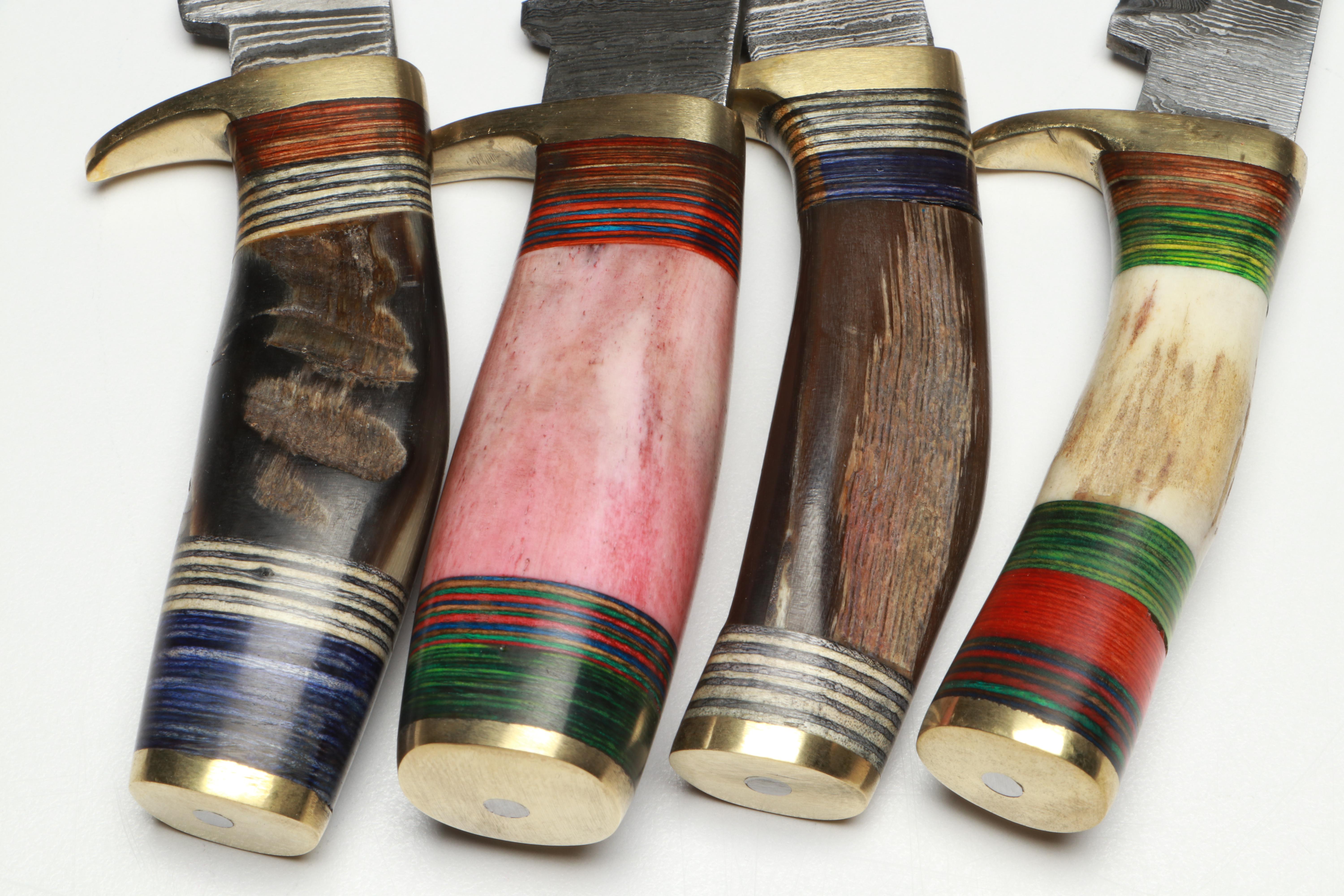 Damascus Steel Skinner Knives in Leather Scabbards