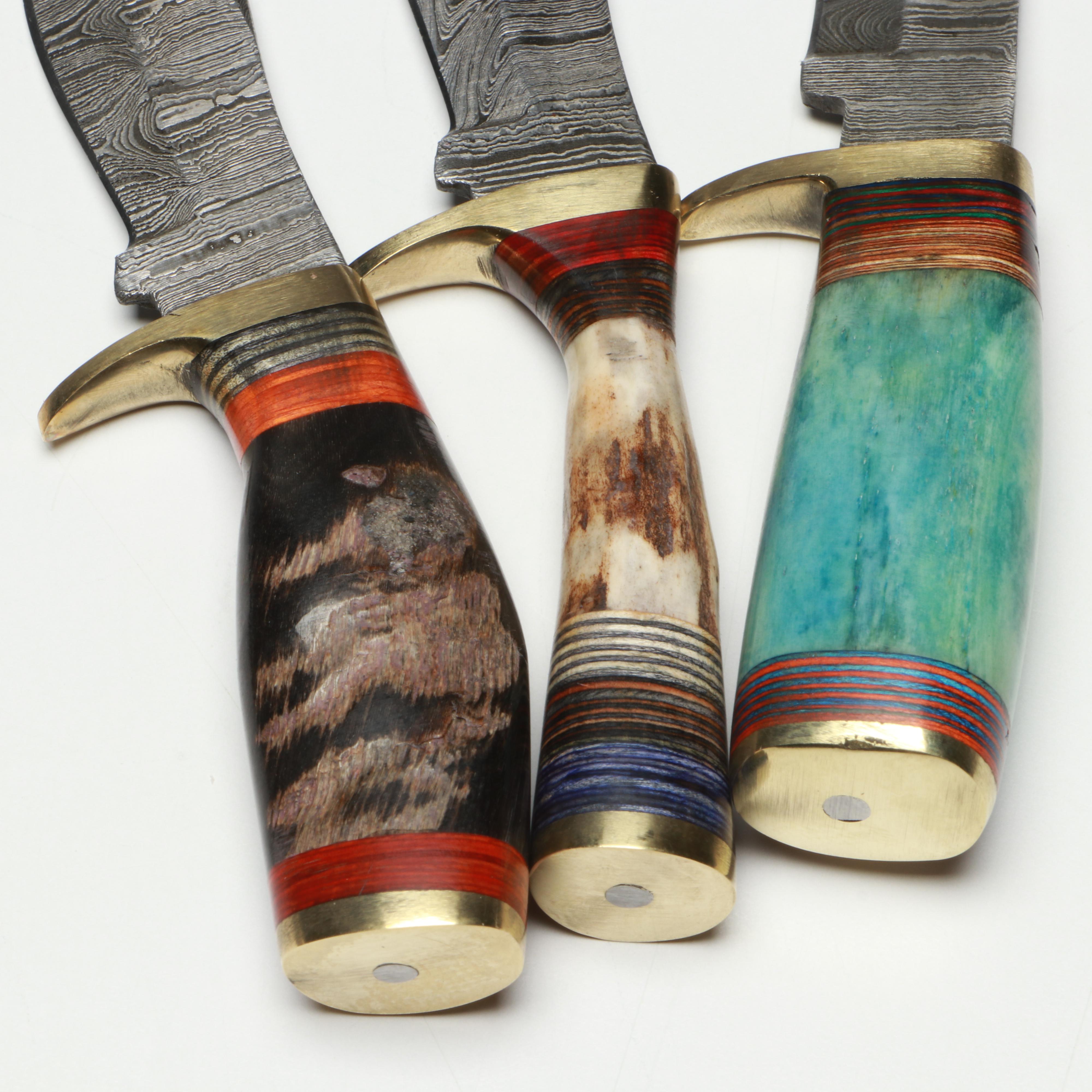 Damascus Steel Skinner Knives in Leather Scabbards