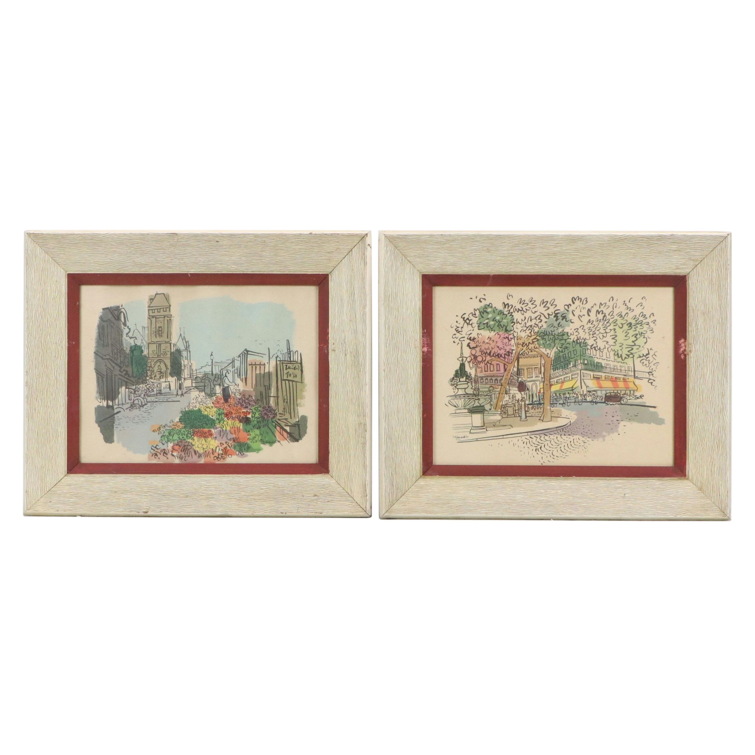 Offset Lithographs of European Street Scenes, Mid-20th Century