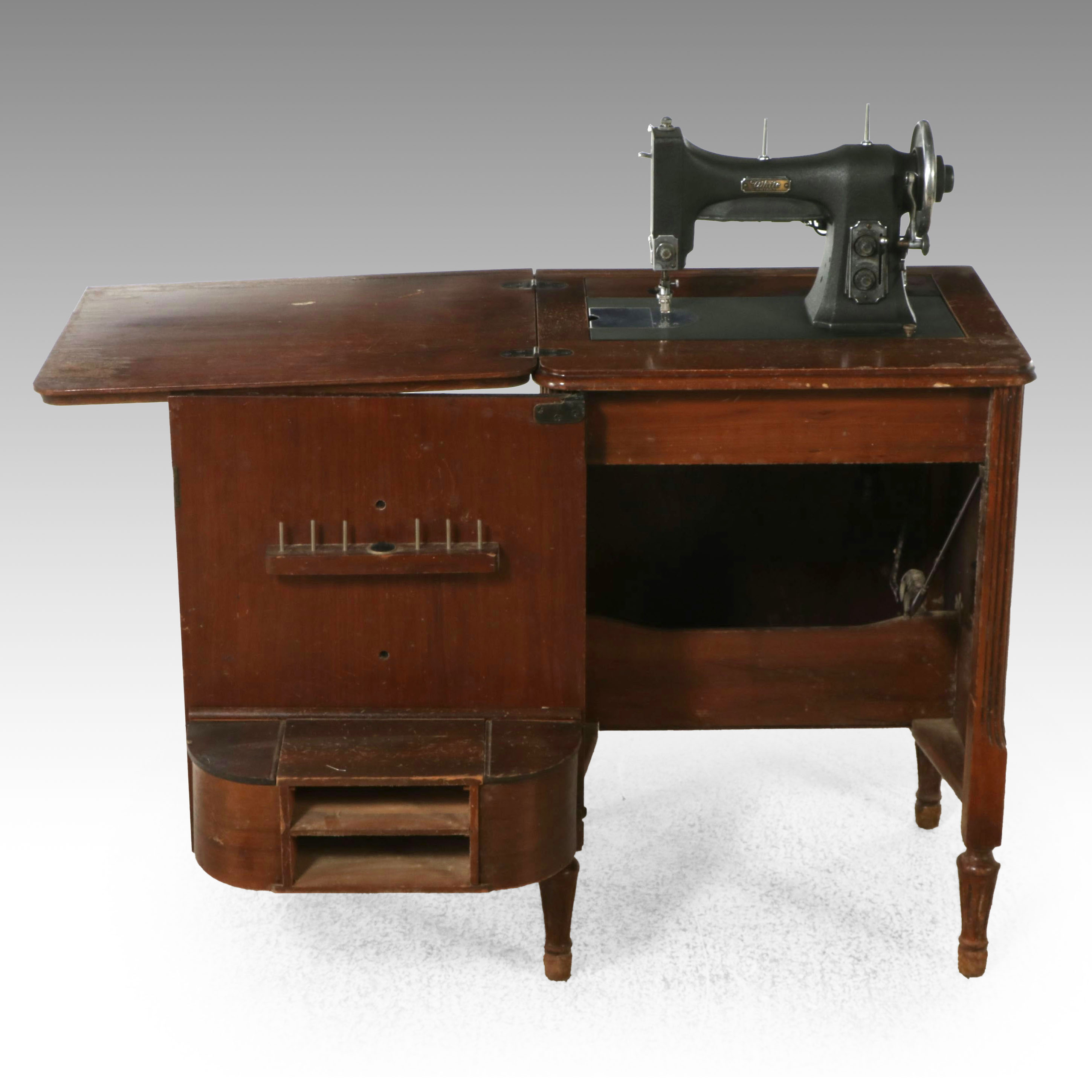 White Rotary Sewing Machine in Wood Cabinet, Early 20th Century