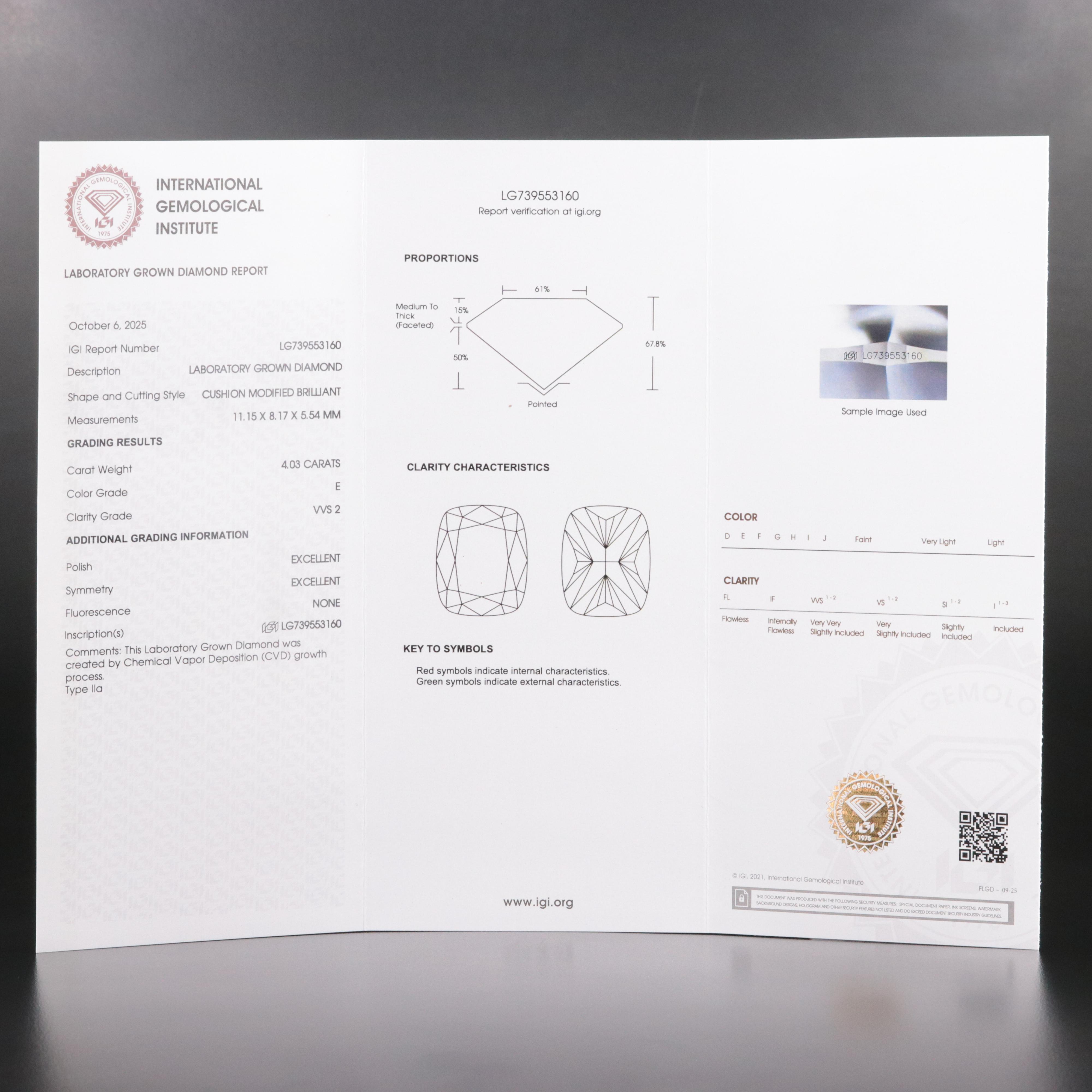 Loose 4.03 CT Lab Grown Diamond with IGI Report