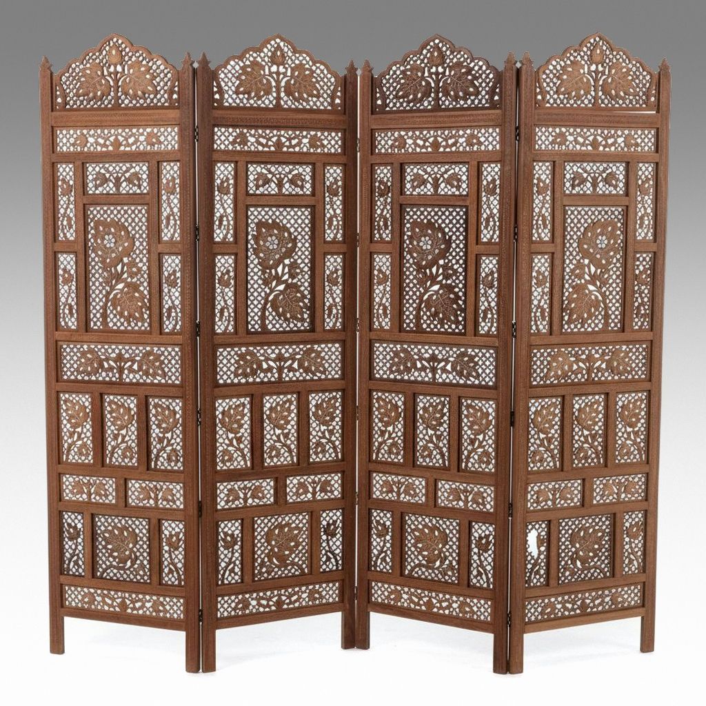 Indian Carved and Pierced Wood Room Divider with Mother-of-Pearl Inlay