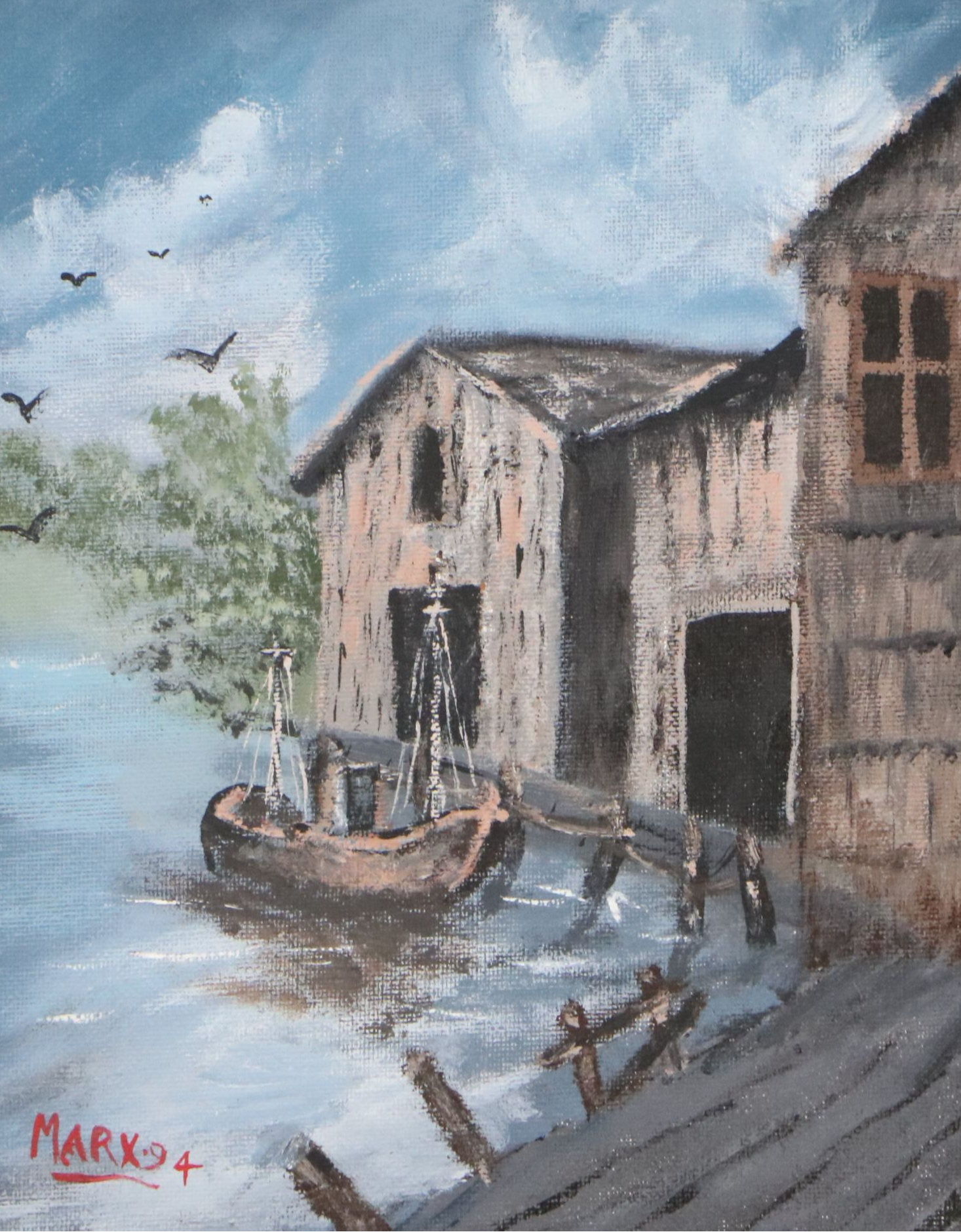 Oil Painting of Docked Wooden Boat, 1994