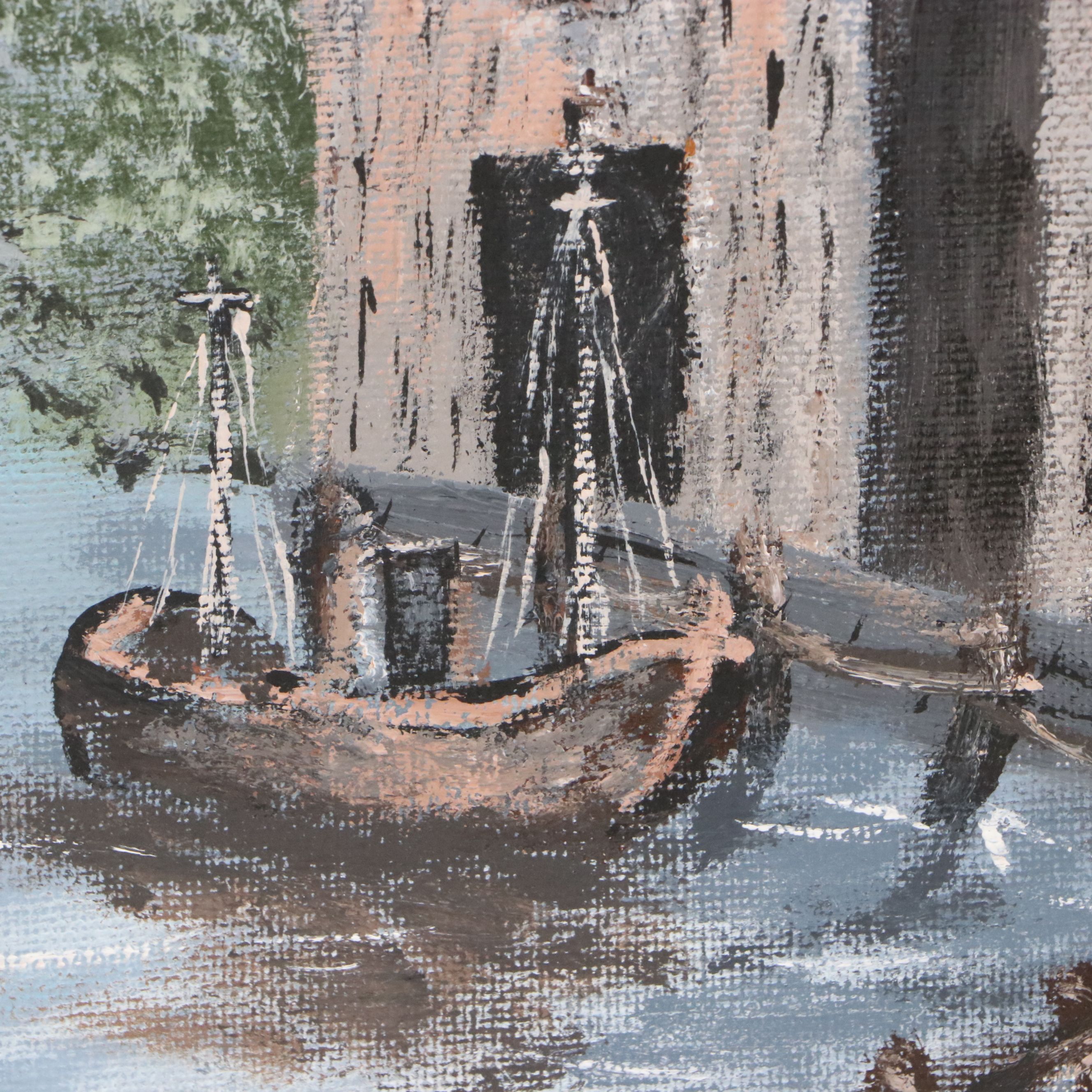 Oil Painting of Docked Wooden Boat, 1994