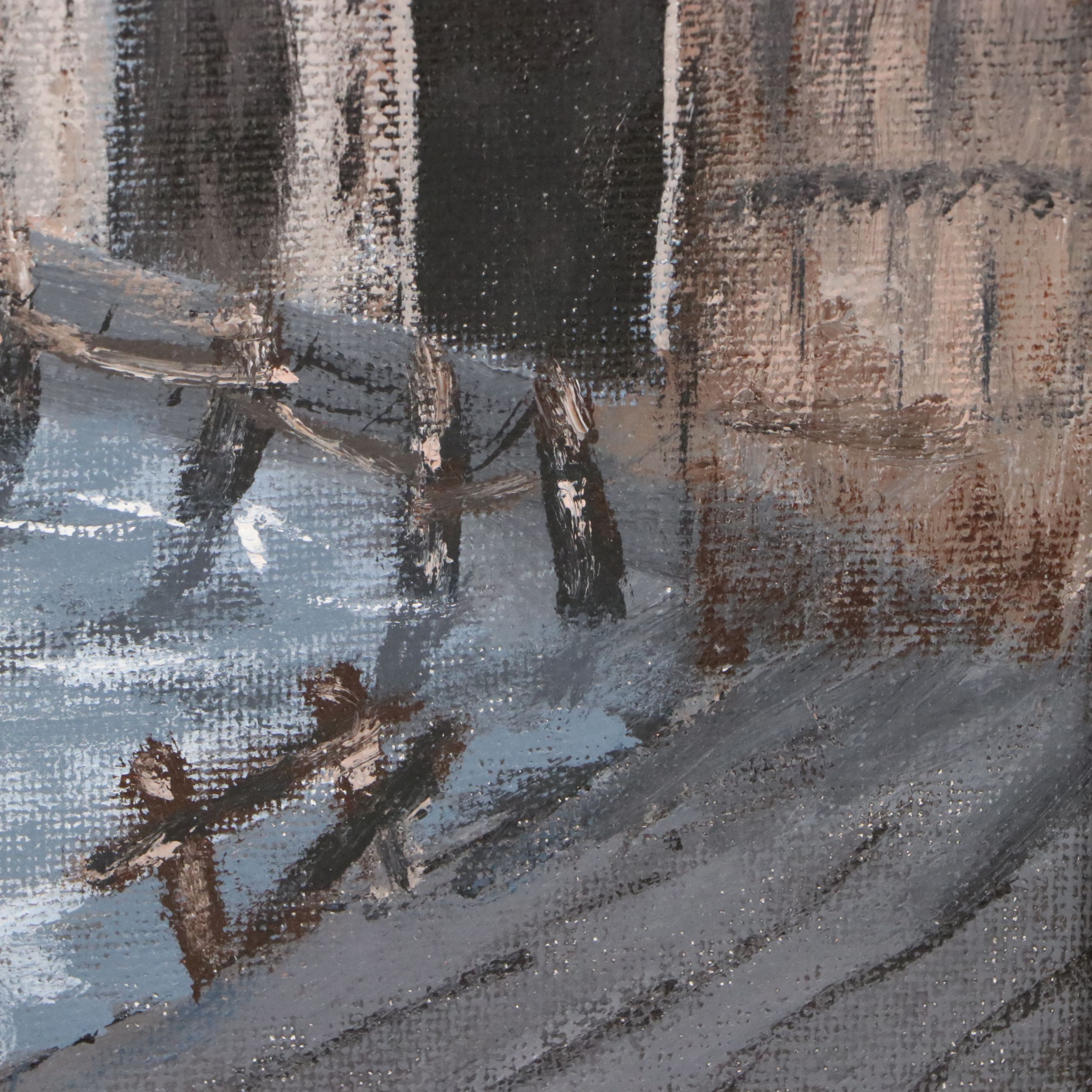 Oil Painting of Docked Wooden Boat, 1994