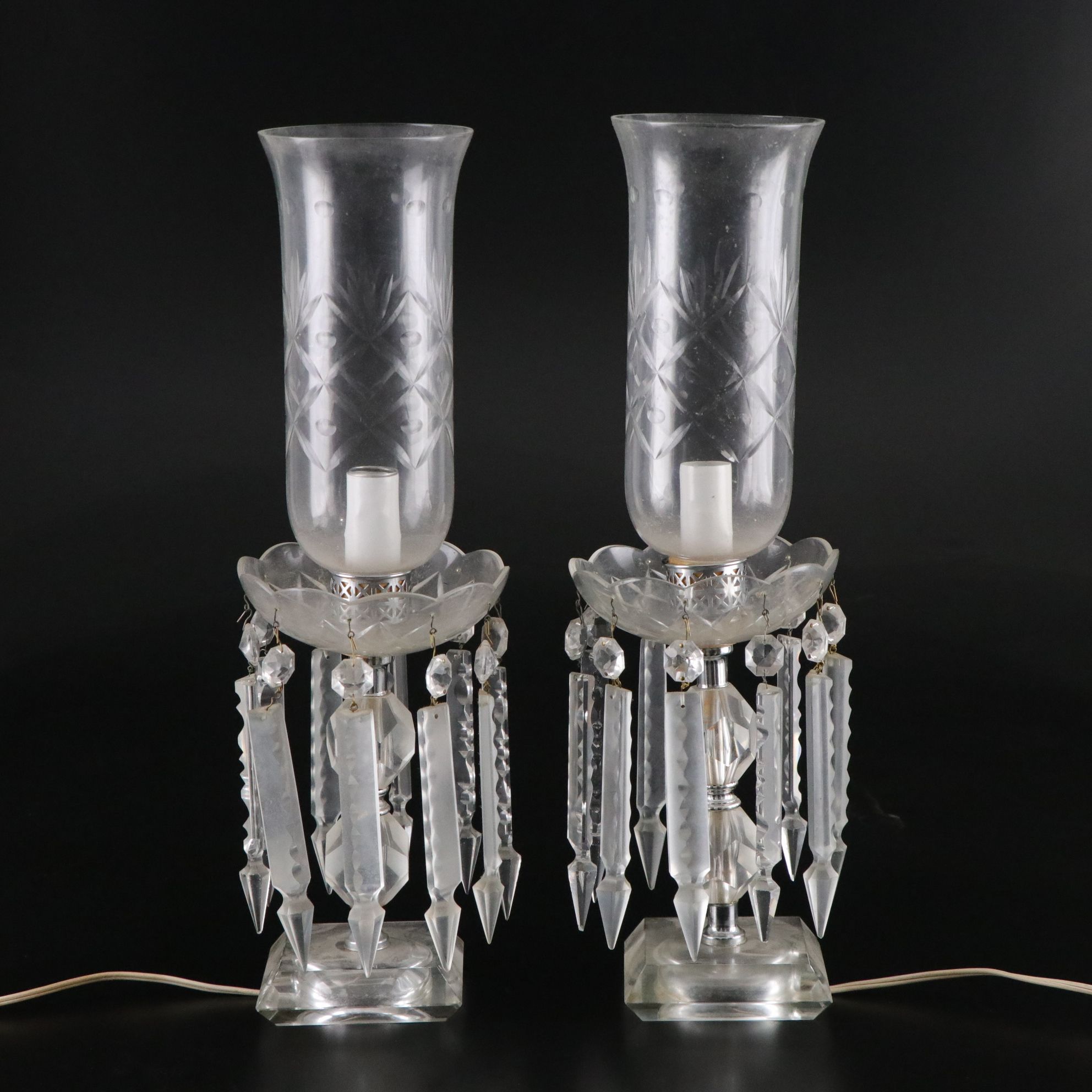 Mantle Luster Lamps with Etched Hurricanes Glass and Crystal Prisms