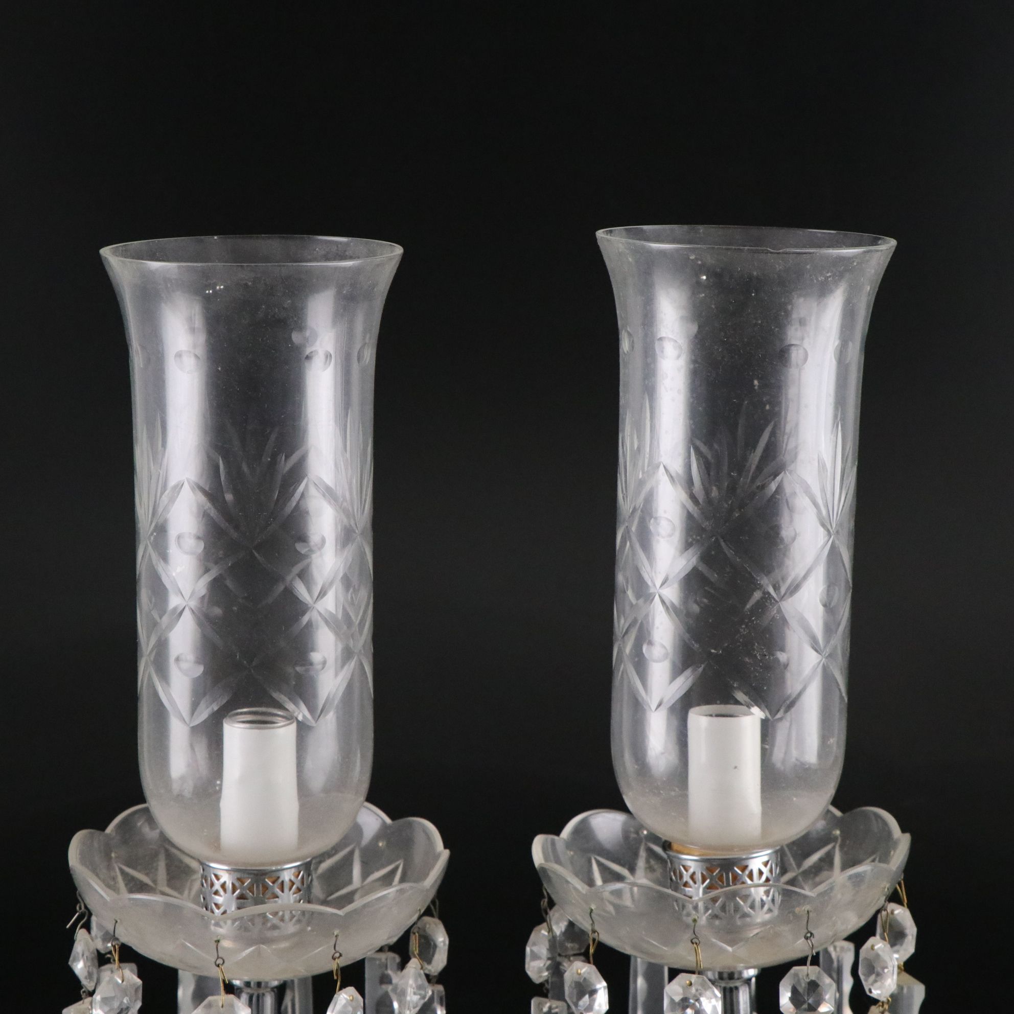 Mantle Luster Lamps with Etched Hurricanes Glass and Crystal Prisms