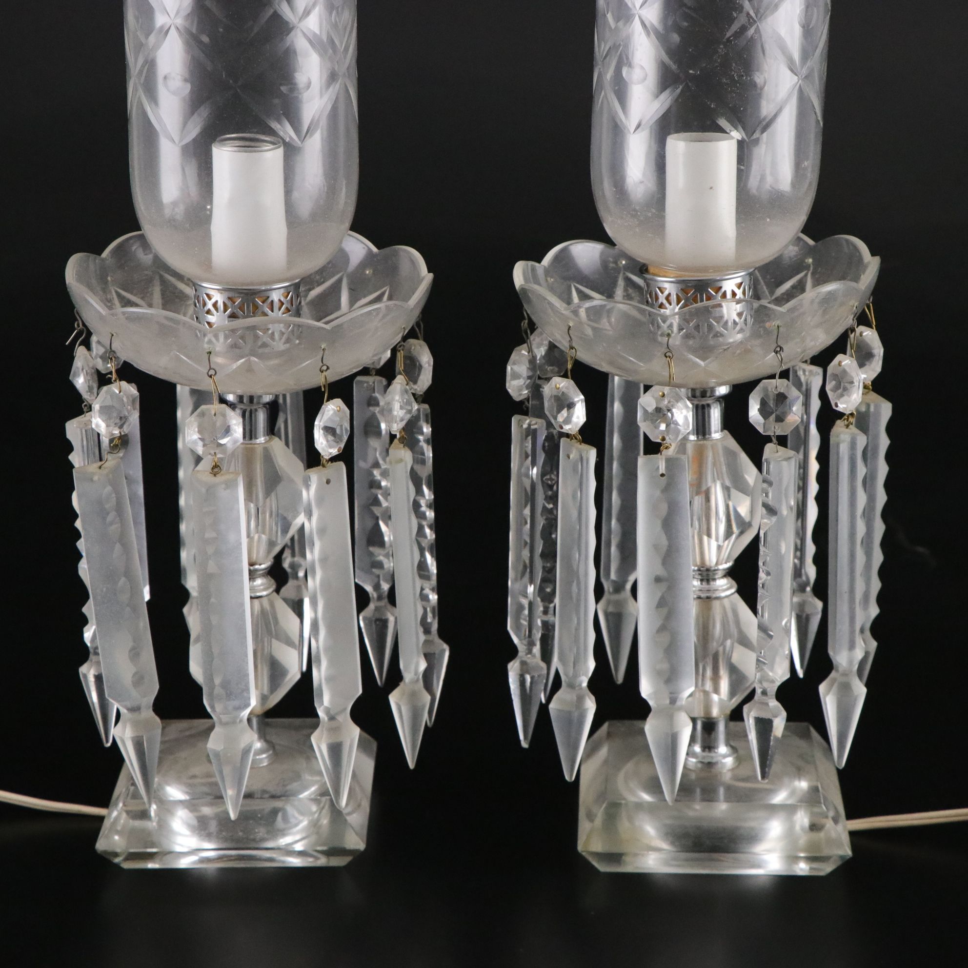 Mantle Luster Lamps with Etched Hurricanes Glass and Crystal Prisms