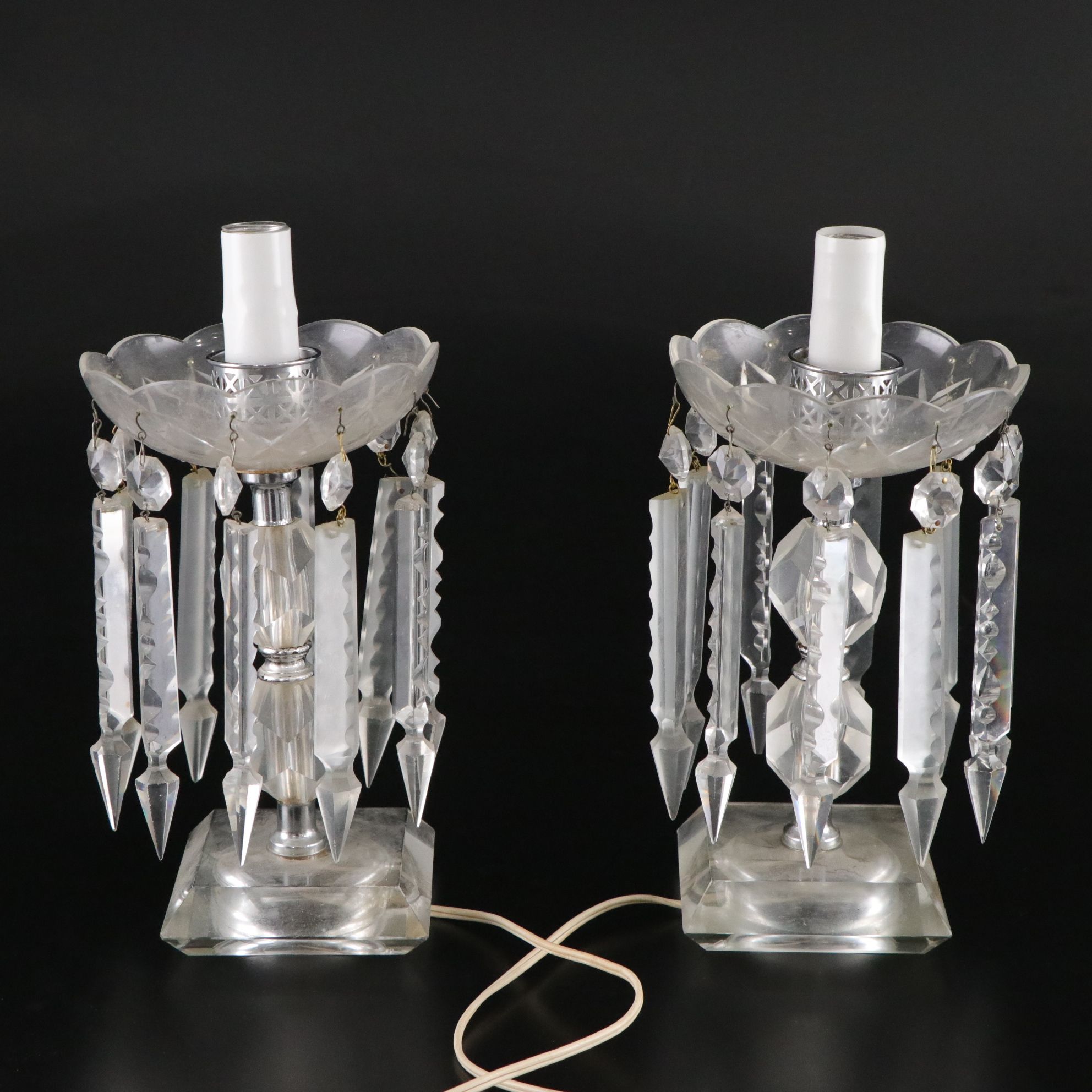 Mantle Luster Lamps with Etched Hurricanes Glass and Crystal Prisms