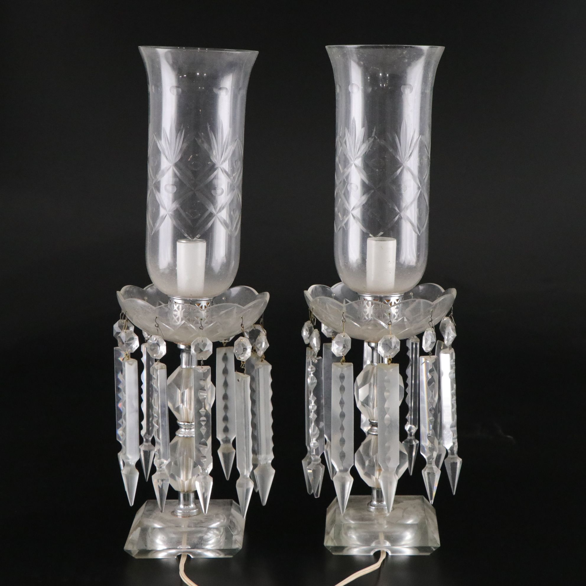 Mantle Luster Lamps with Etched Hurricanes Glass and Crystal Prisms