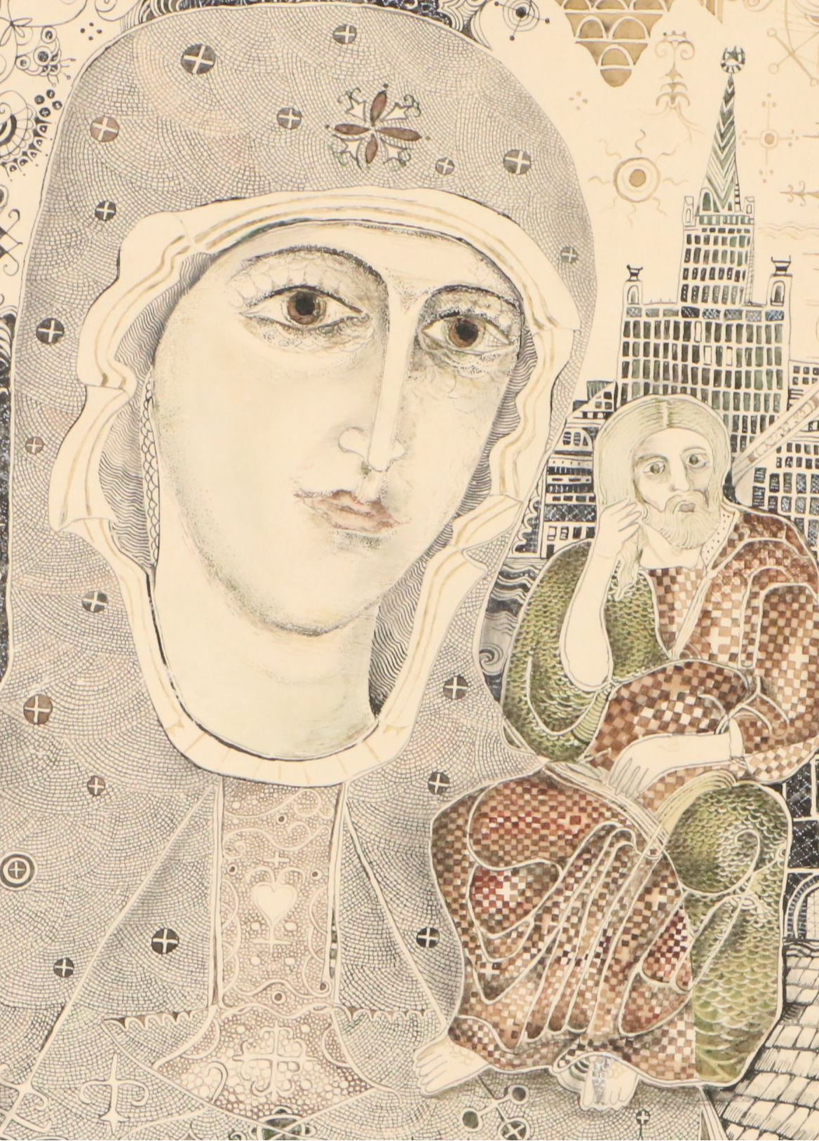 Nikolay Manuylov "Kuk" Surrealist Drawing of Mother Mary, 1995