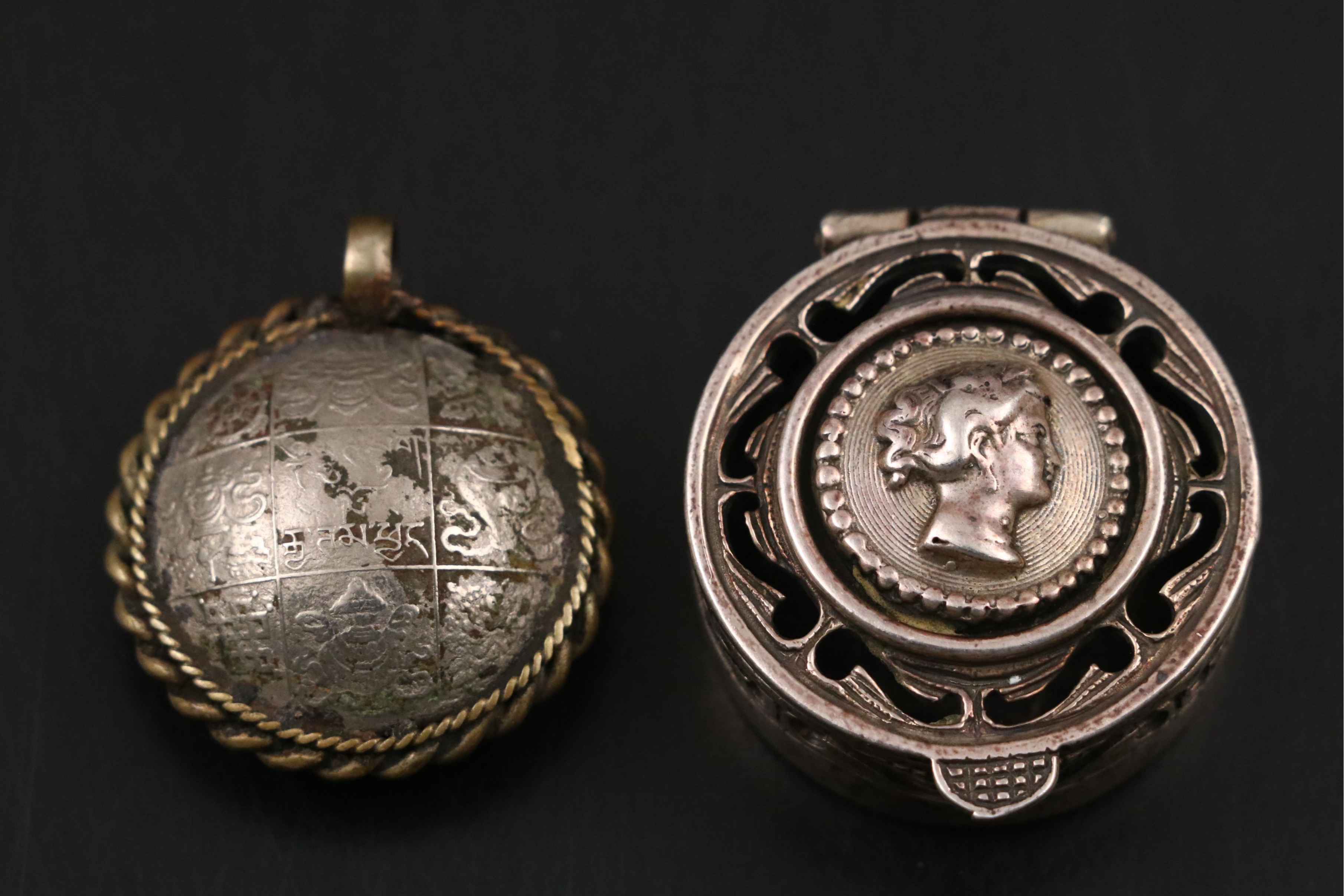 Italian Sterling Silver Box with Metal Charm, Chinese Finger Guard and Thimbles