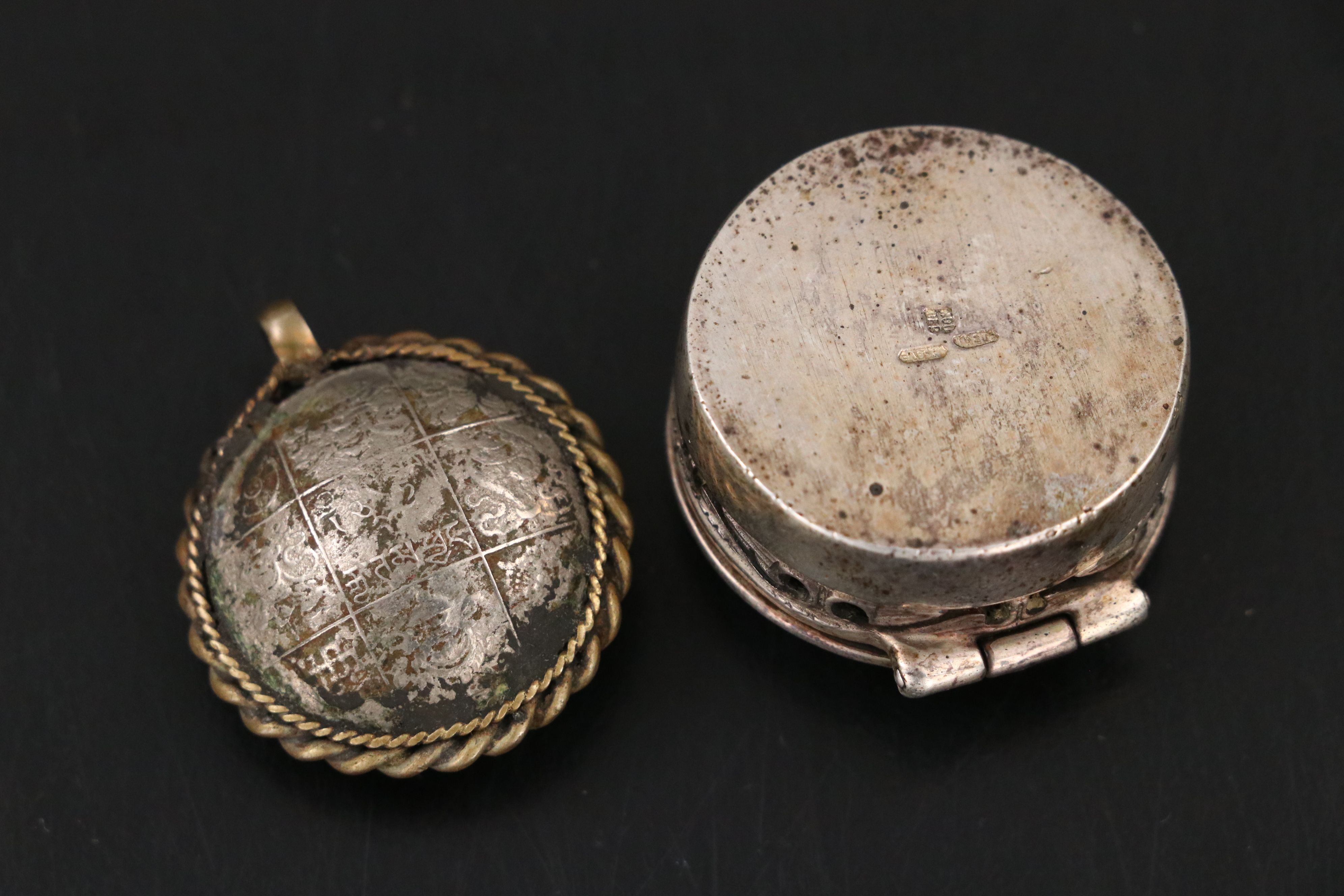 Italian Sterling Silver Box with Metal Charm, Chinese Finger Guard and Thimbles