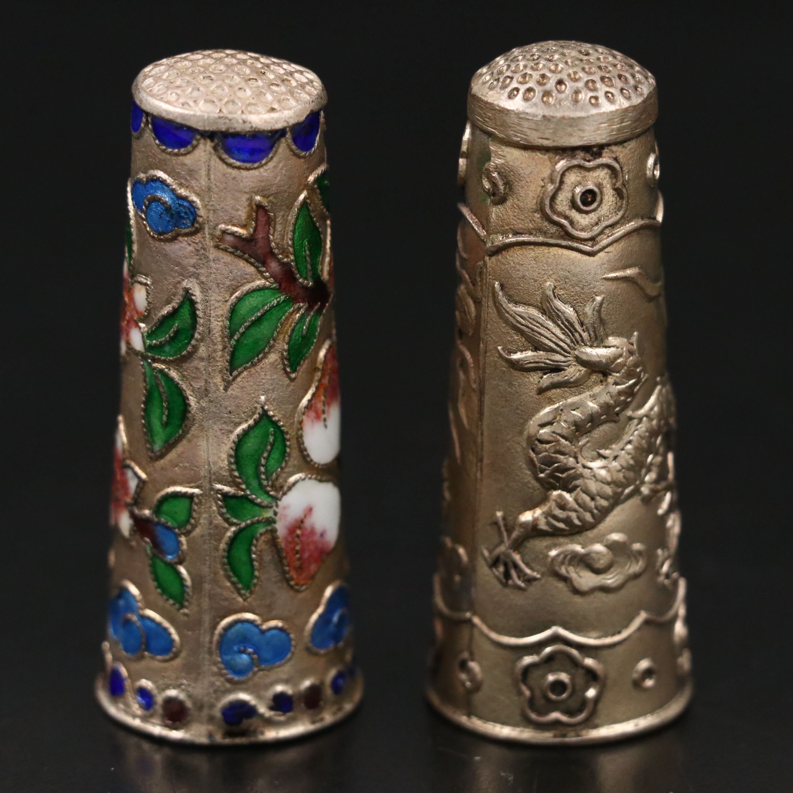 Italian Sterling Silver Box with Metal Charm, Chinese Finger Guard and Thimbles