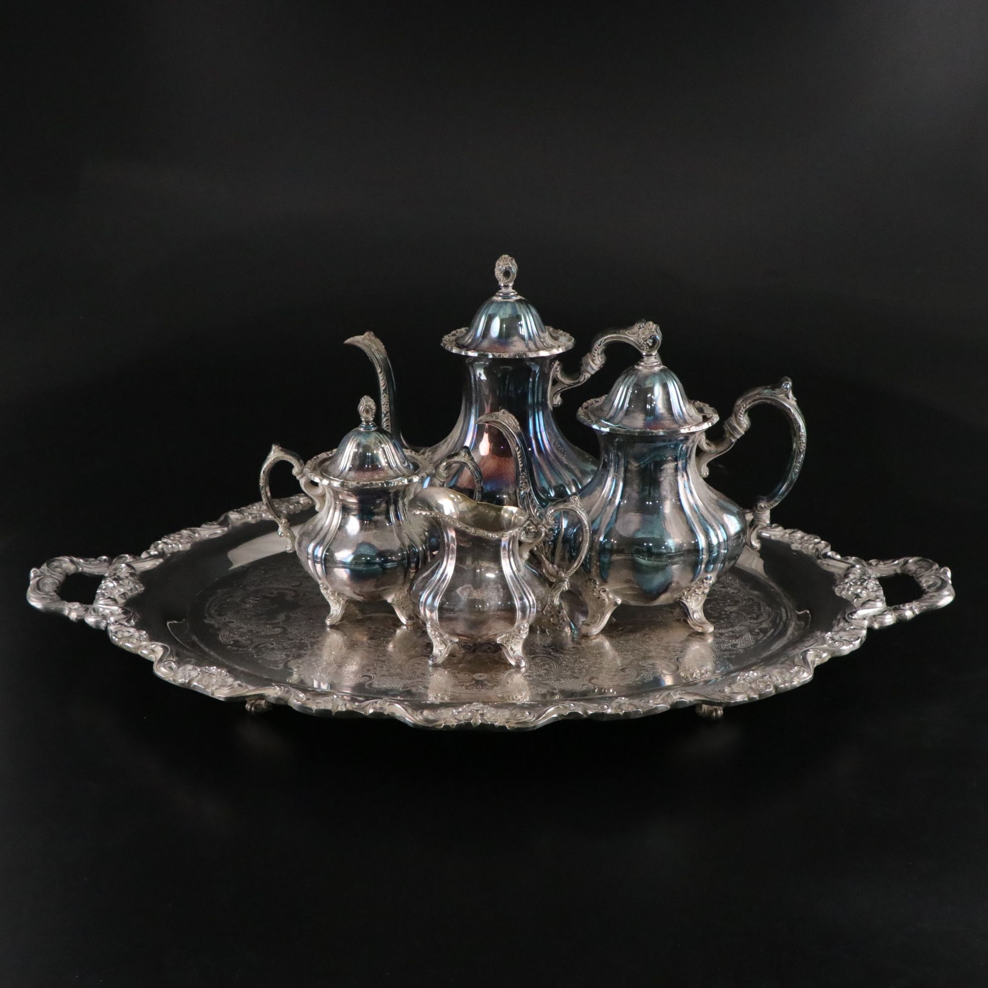 Poole Silver Co. "Lancaster Rose" Silver Plate Tea and Coffee Service