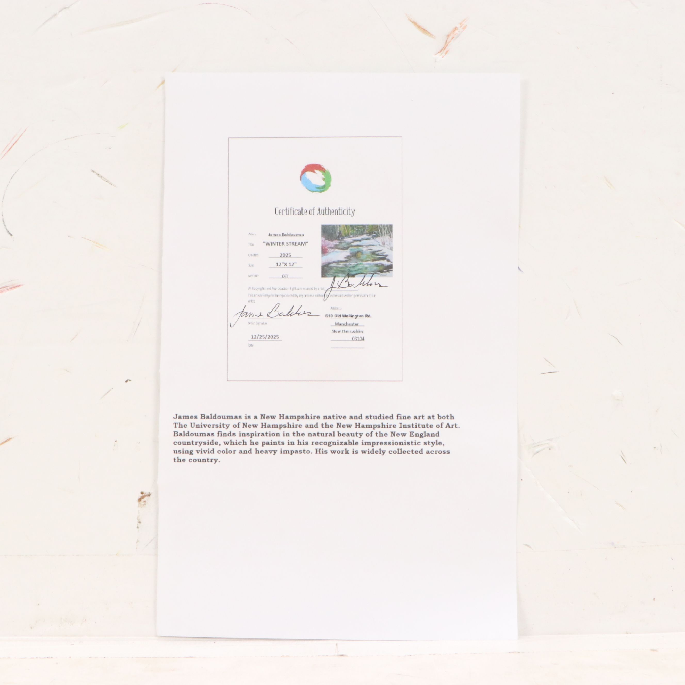 James Baldoumas Oil Painting "Winter Stream," 2025