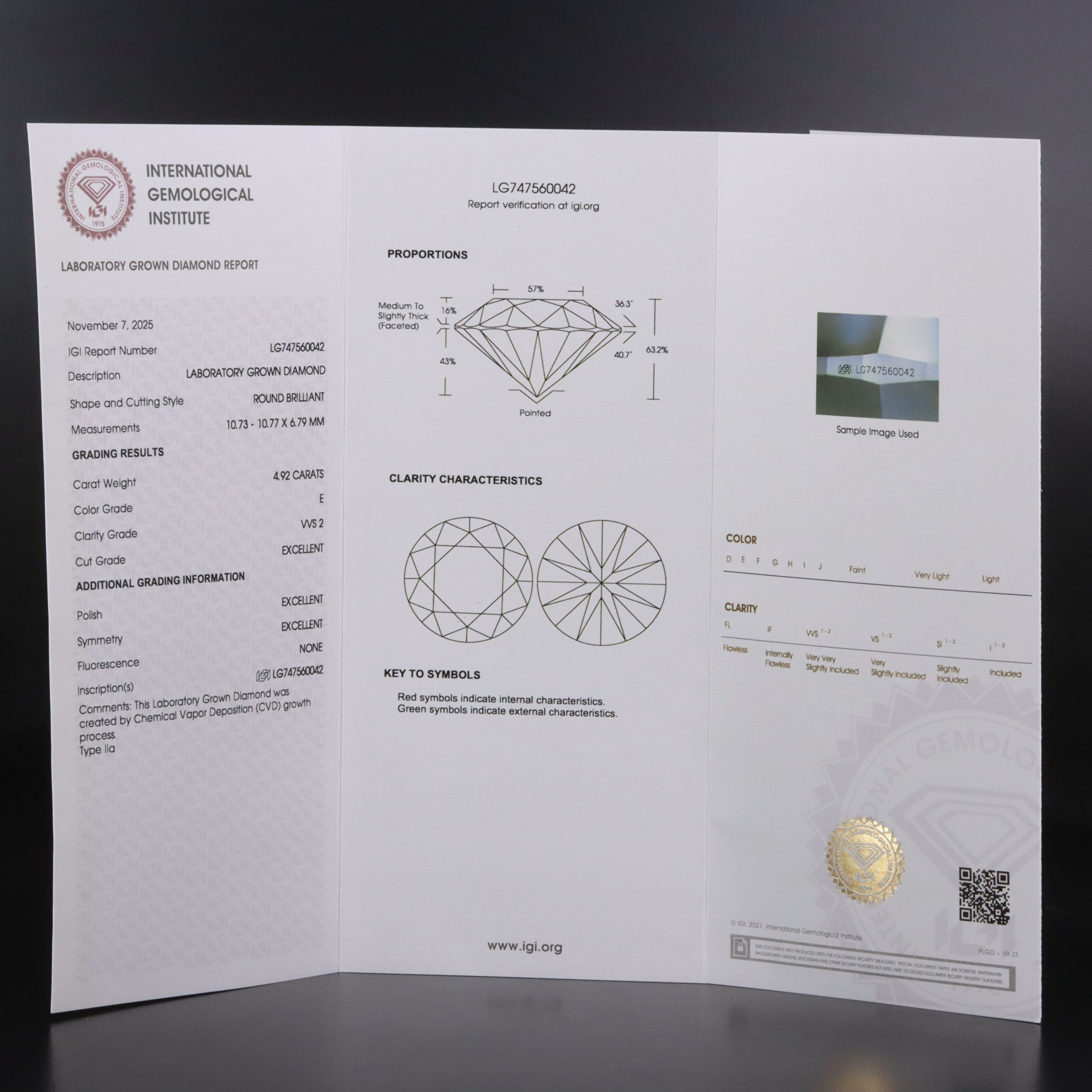 Loose 4.92 CT Lab Grown Diamond with IGI Report