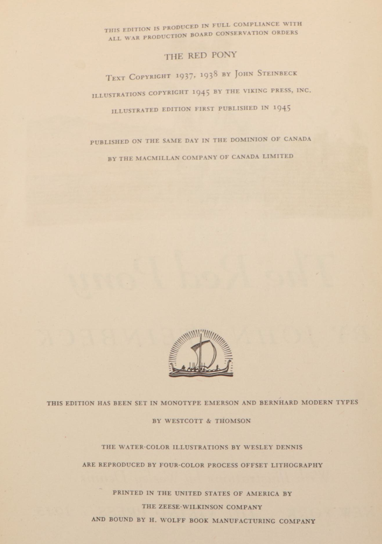 First Illustrated Edition "The Red Pony" by John Steinbeck, 1945