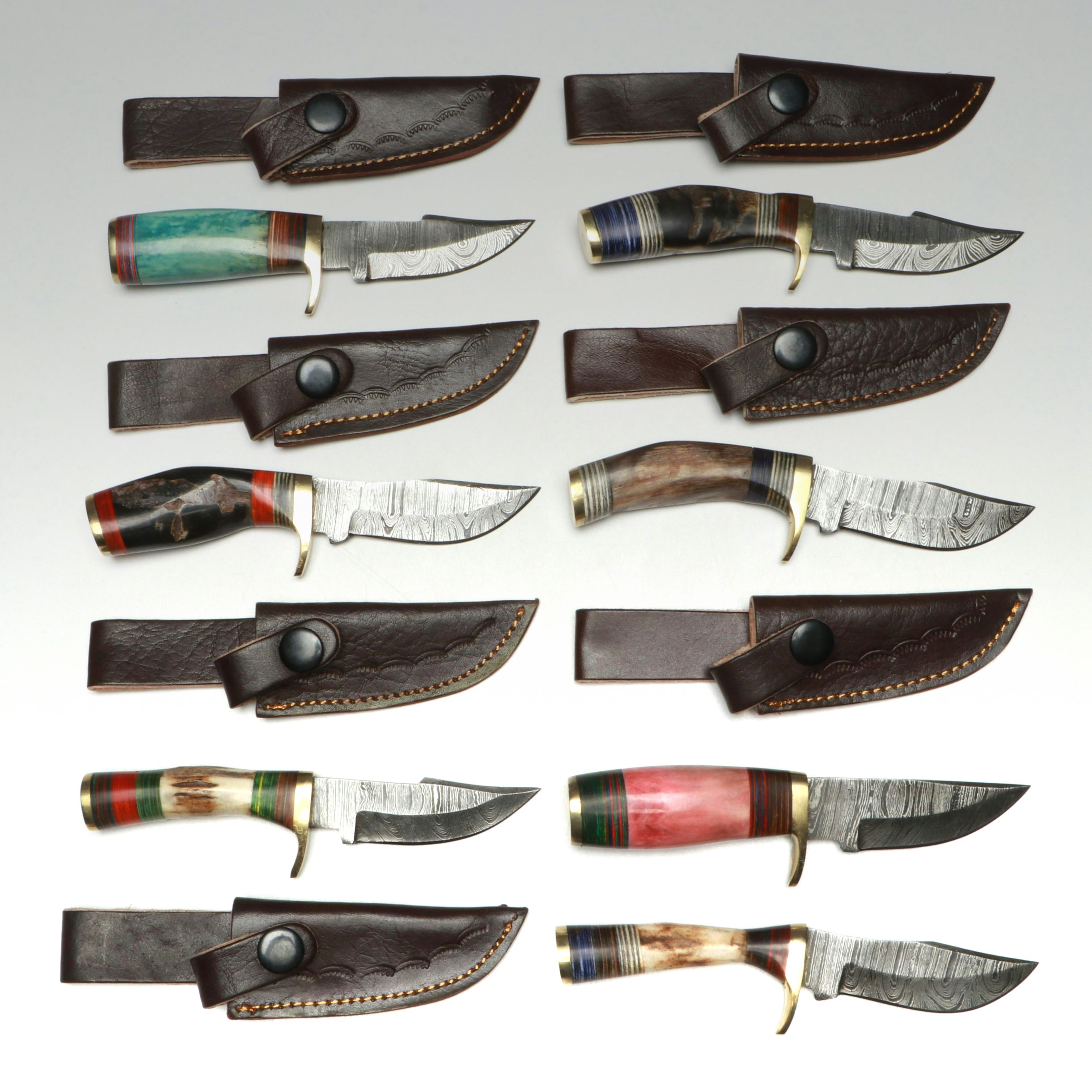 Damascus Steel Skinner Knives in Leather Scabbards