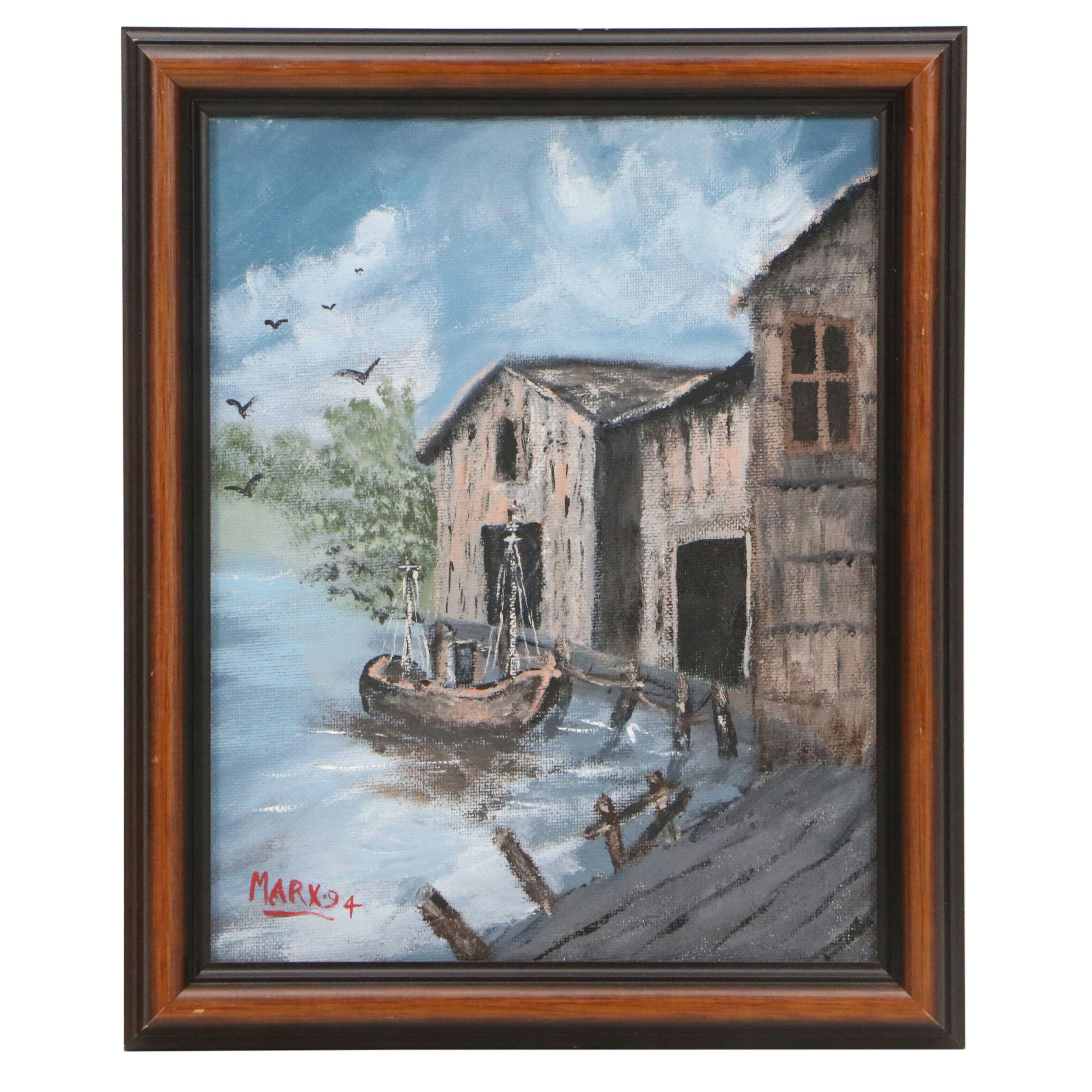 Oil Painting of Docked Wooden Boat, 1994