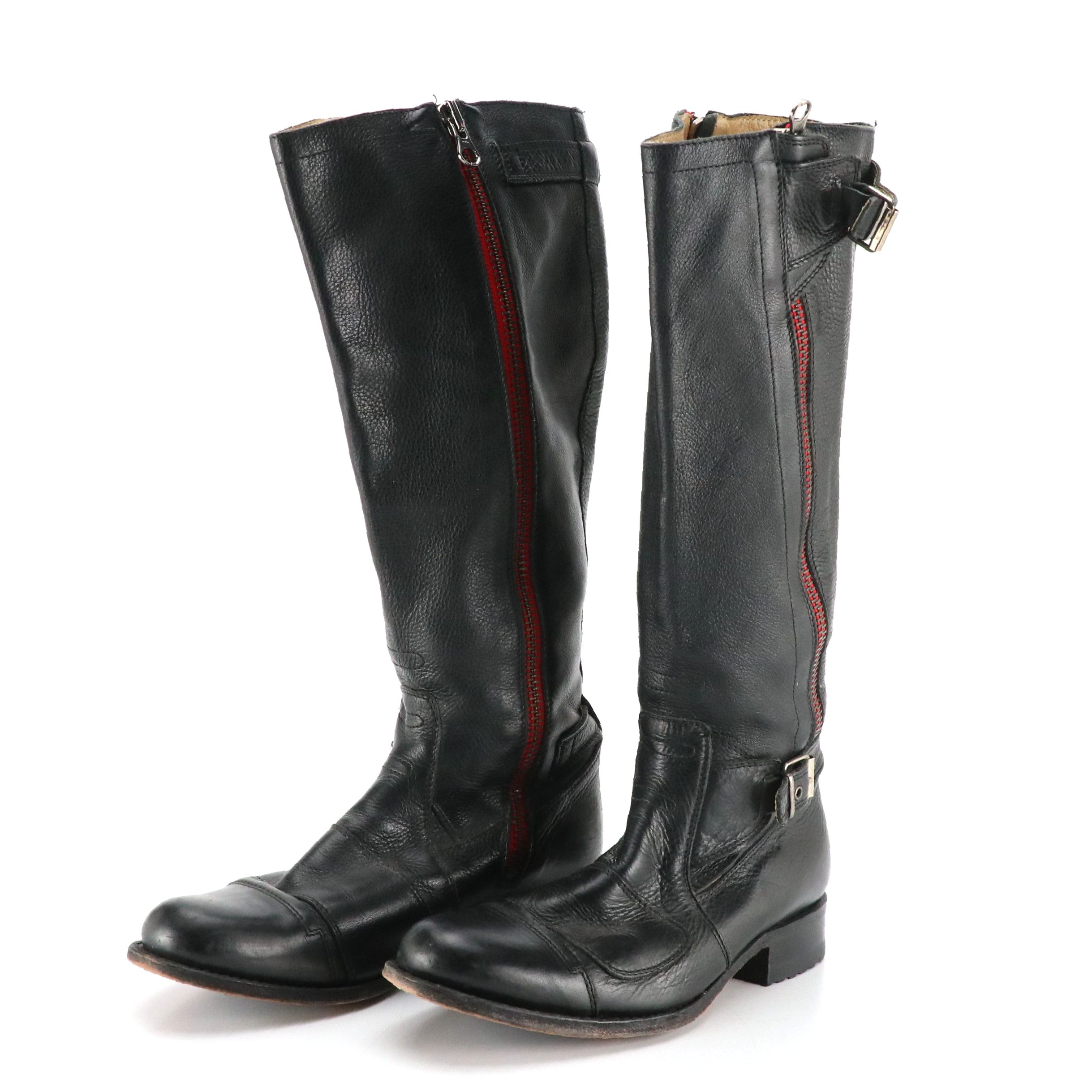 Sendra Knee-High Two-Zipper Boots in Black Leather