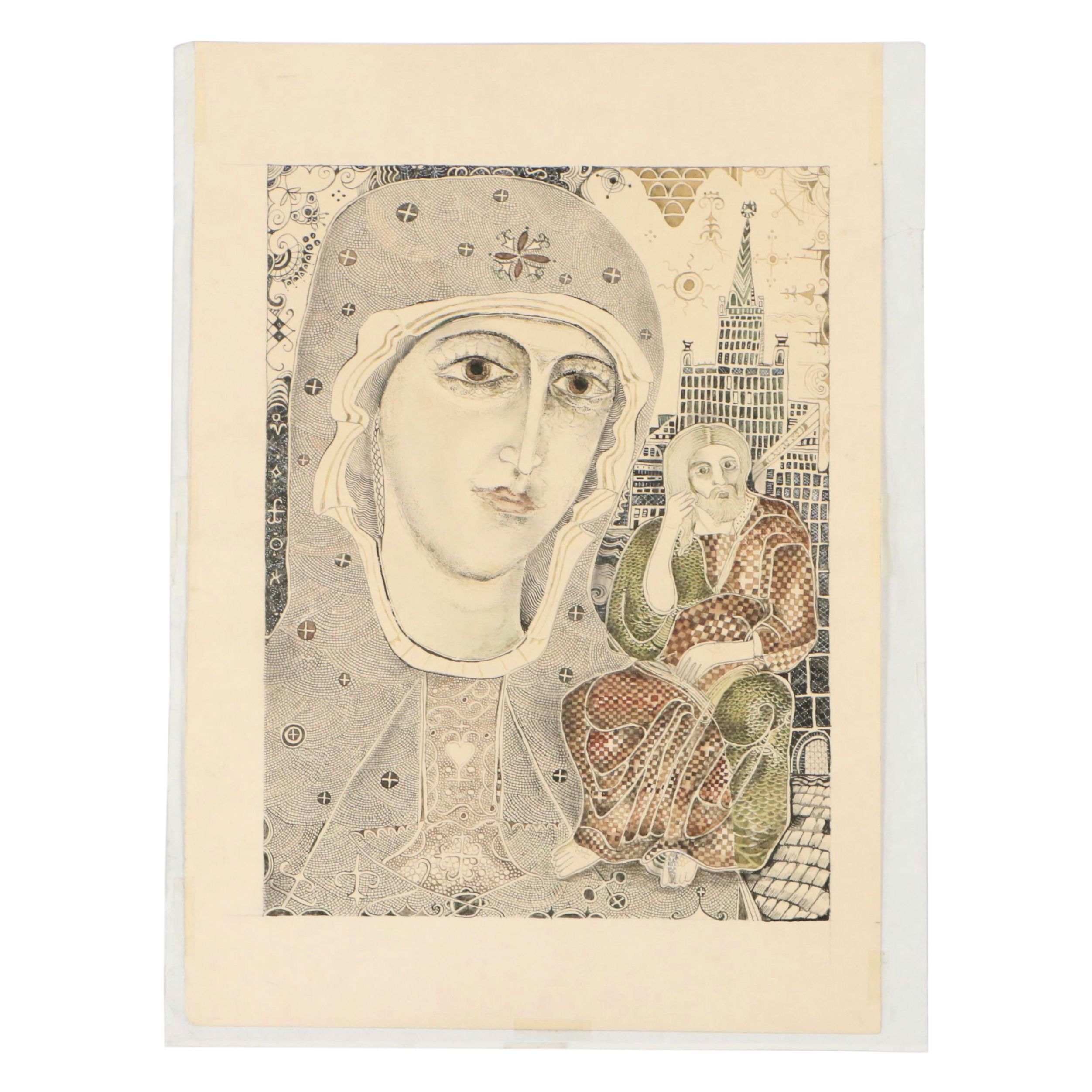 Nikolay Manuylov "Kuk" Surrealist Drawing of Mother Mary, 1995