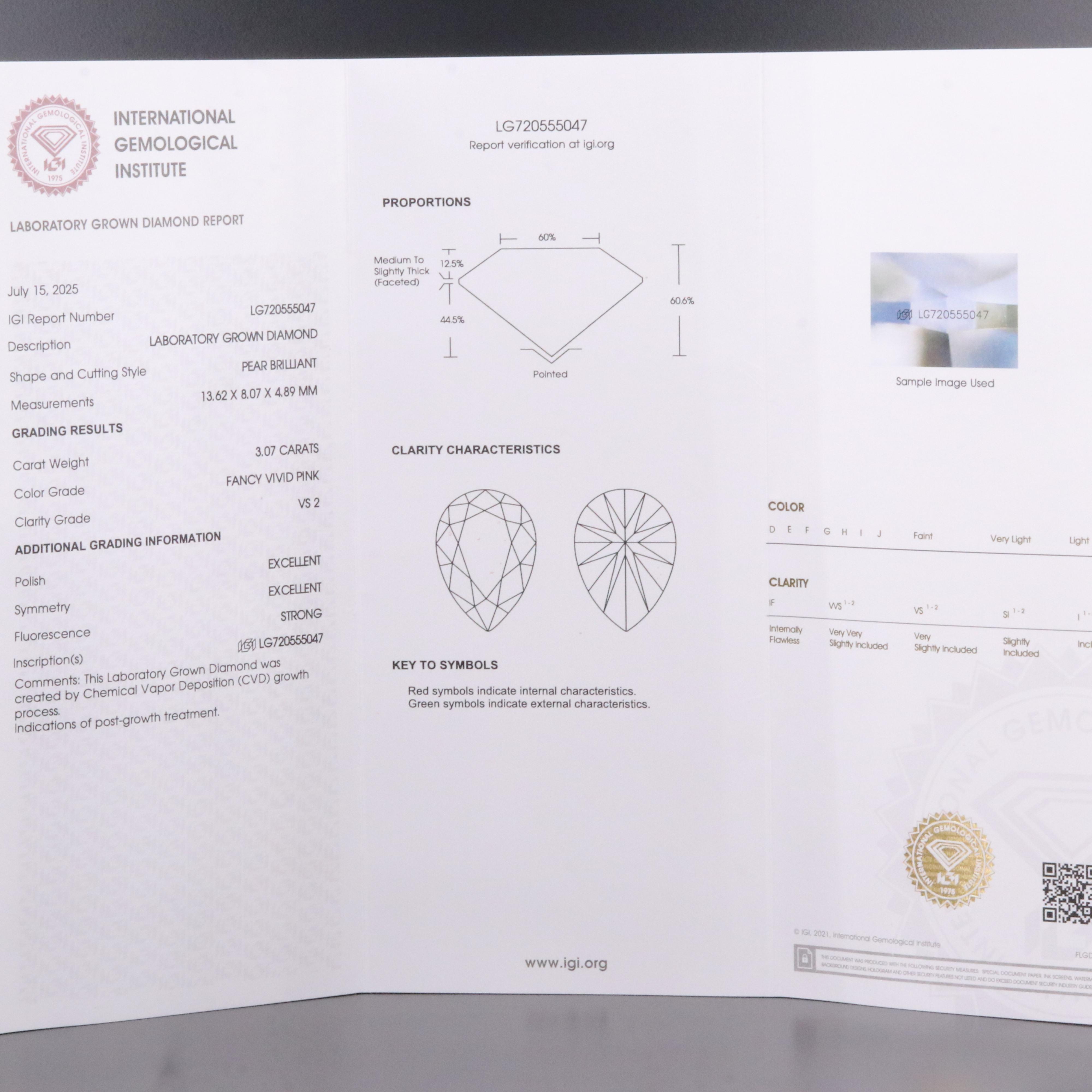 Loose 3.07 CT Lab Grown Fancy Pink Diamond with IGI Report