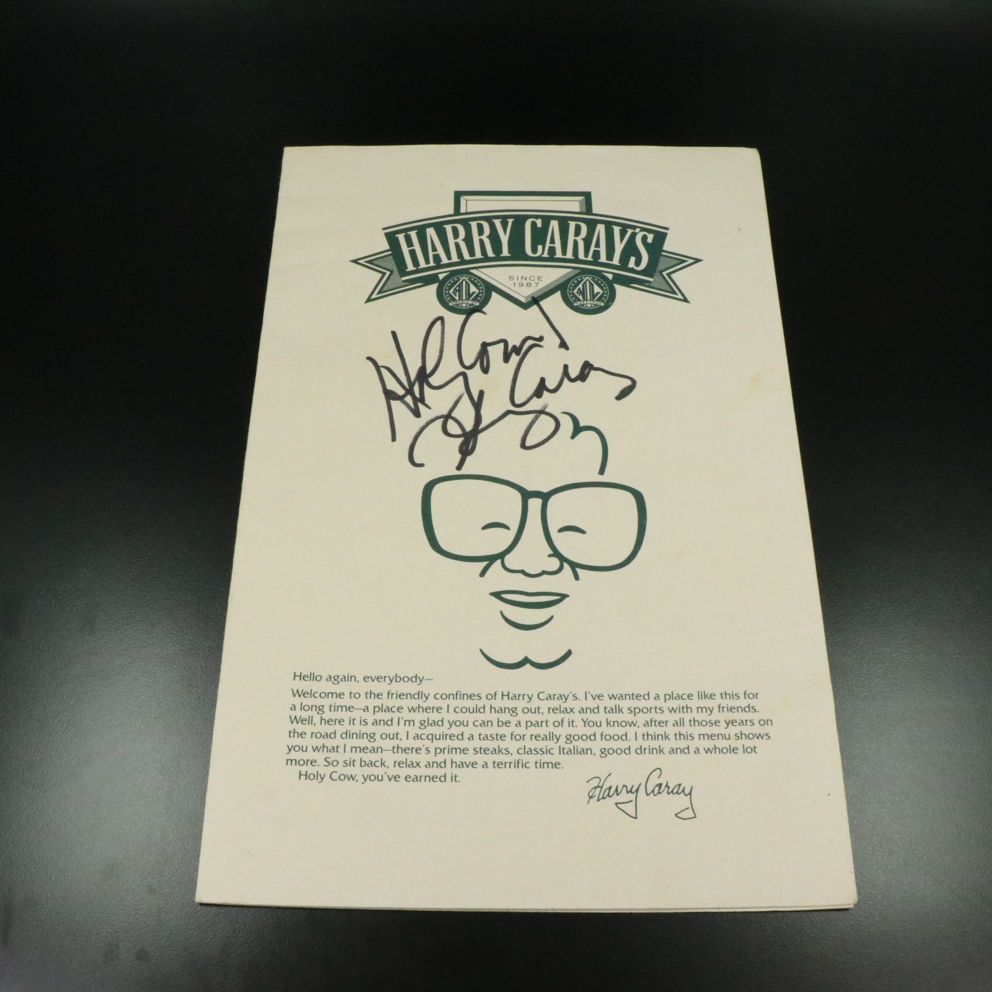 Harry Caray Signed Harry Caray's Restaurant Menu, JSA