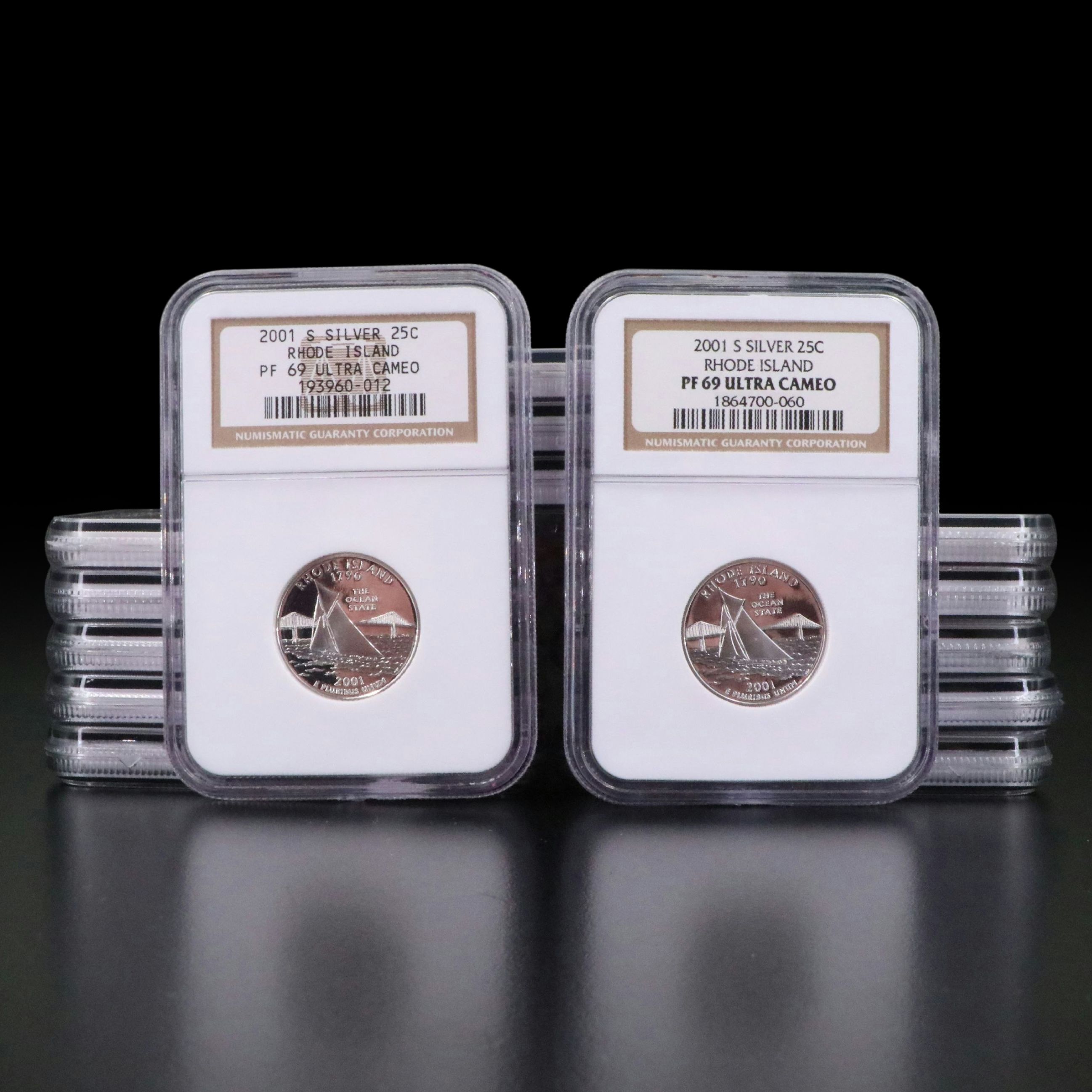 Fifteen NGC PF 69 Ultra Cameo 2001-S Rhode Island Silver State Quarters