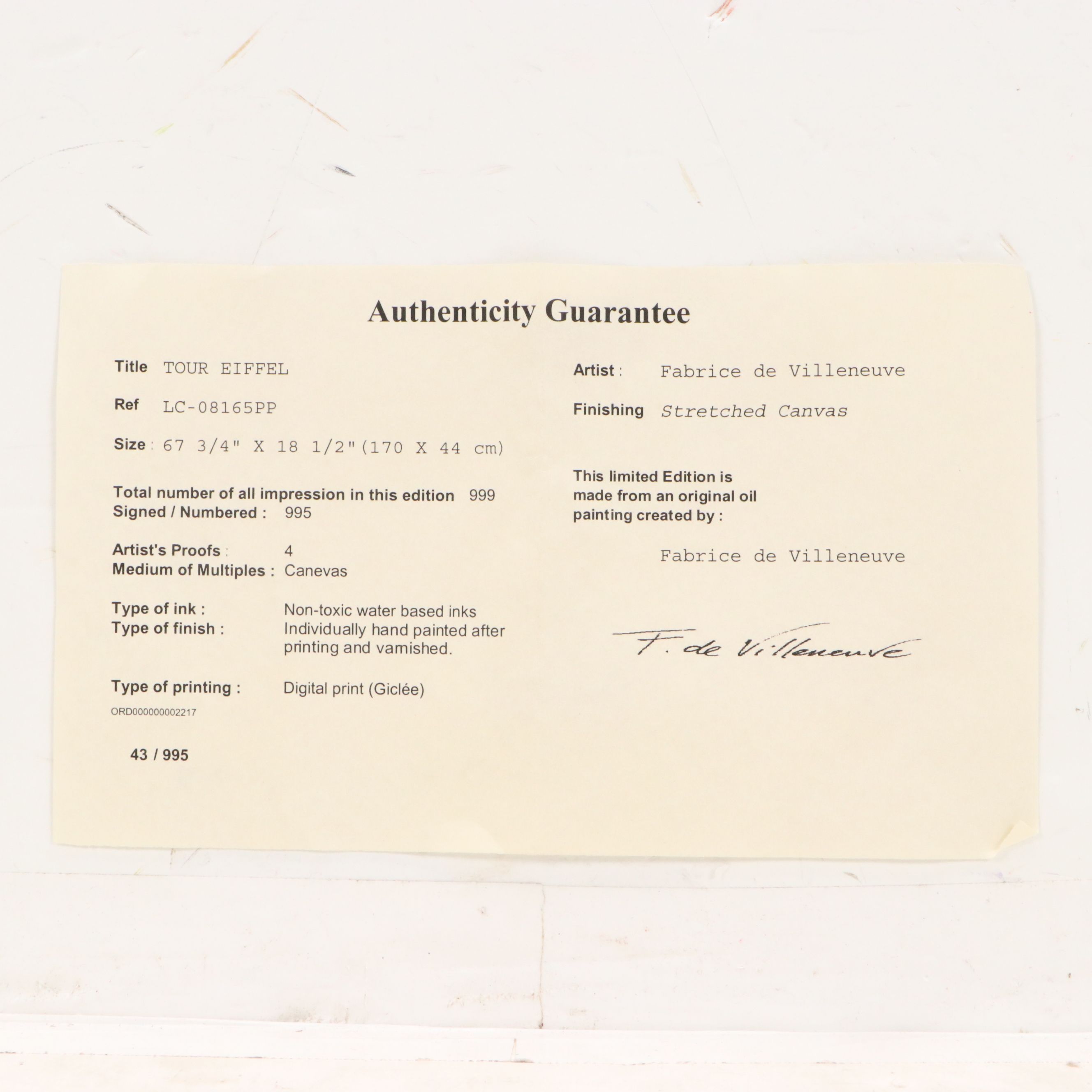 Fabrice de Villeneuve Giclée "Tour Eiffel," 21st Century