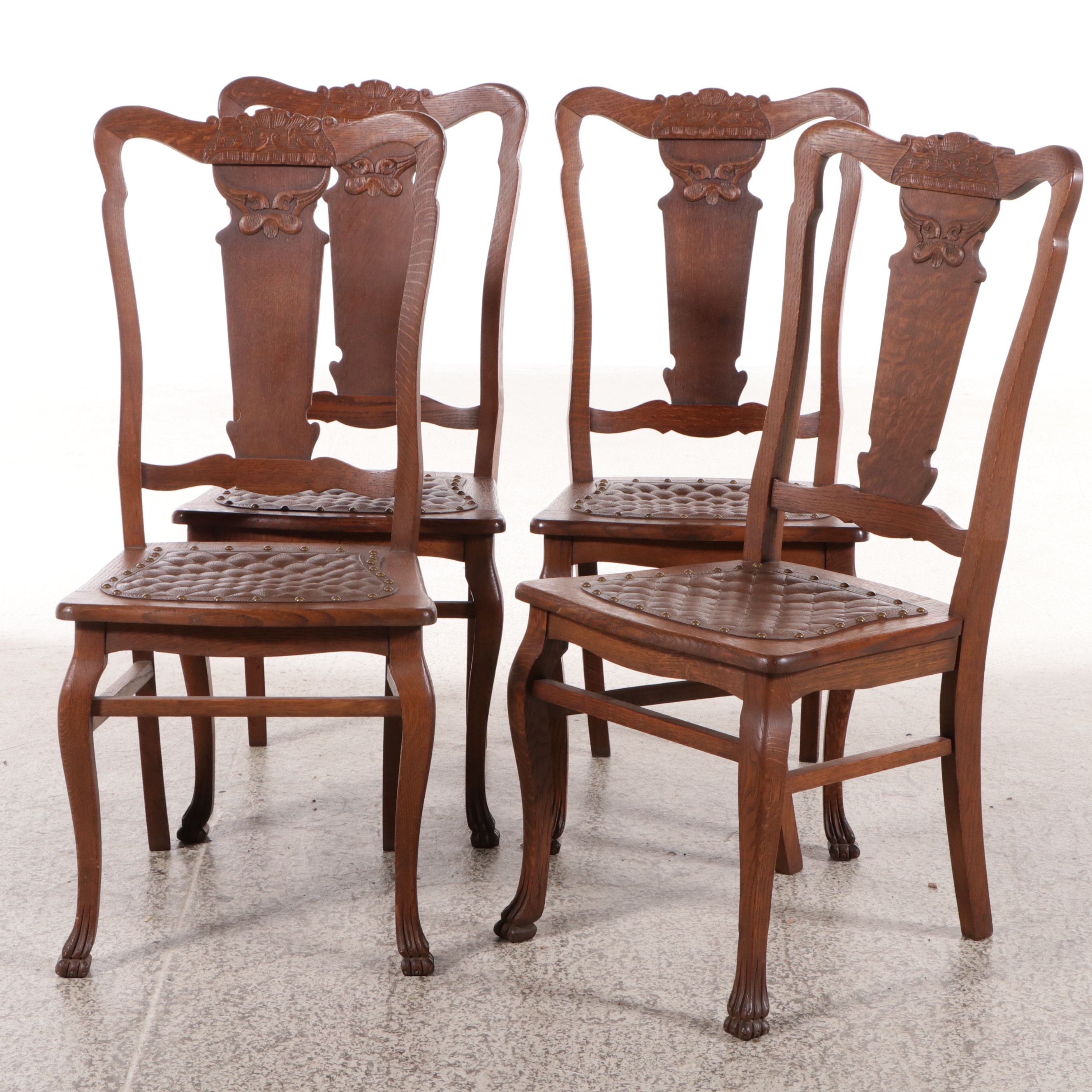 Late Victorian Style Chippendale Style Pressed Oak Dining Chairs, Early 20th C.