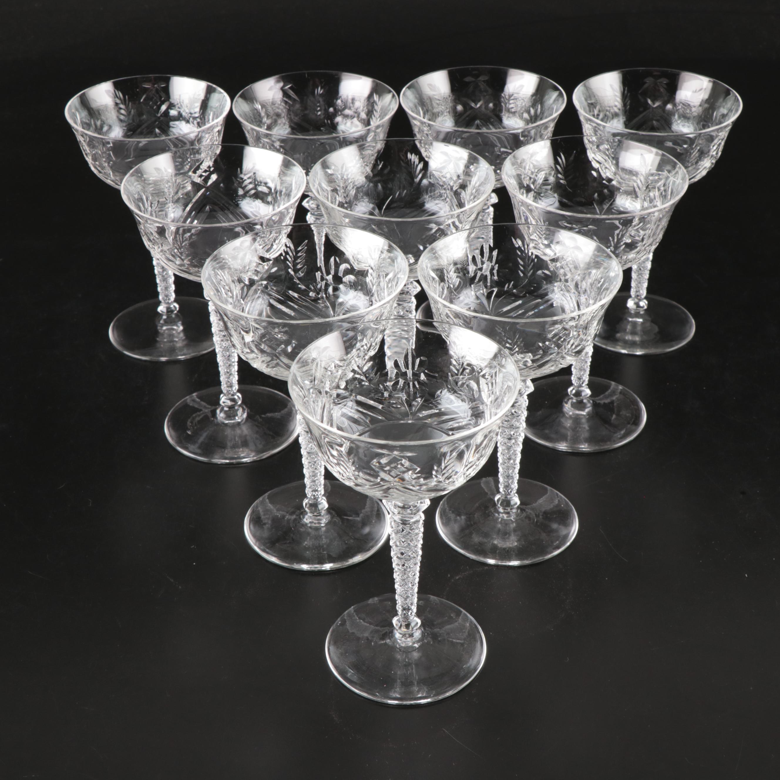 Art Deco Style Long Stem Etched Glass Coupes, Mid to Late 20th Century