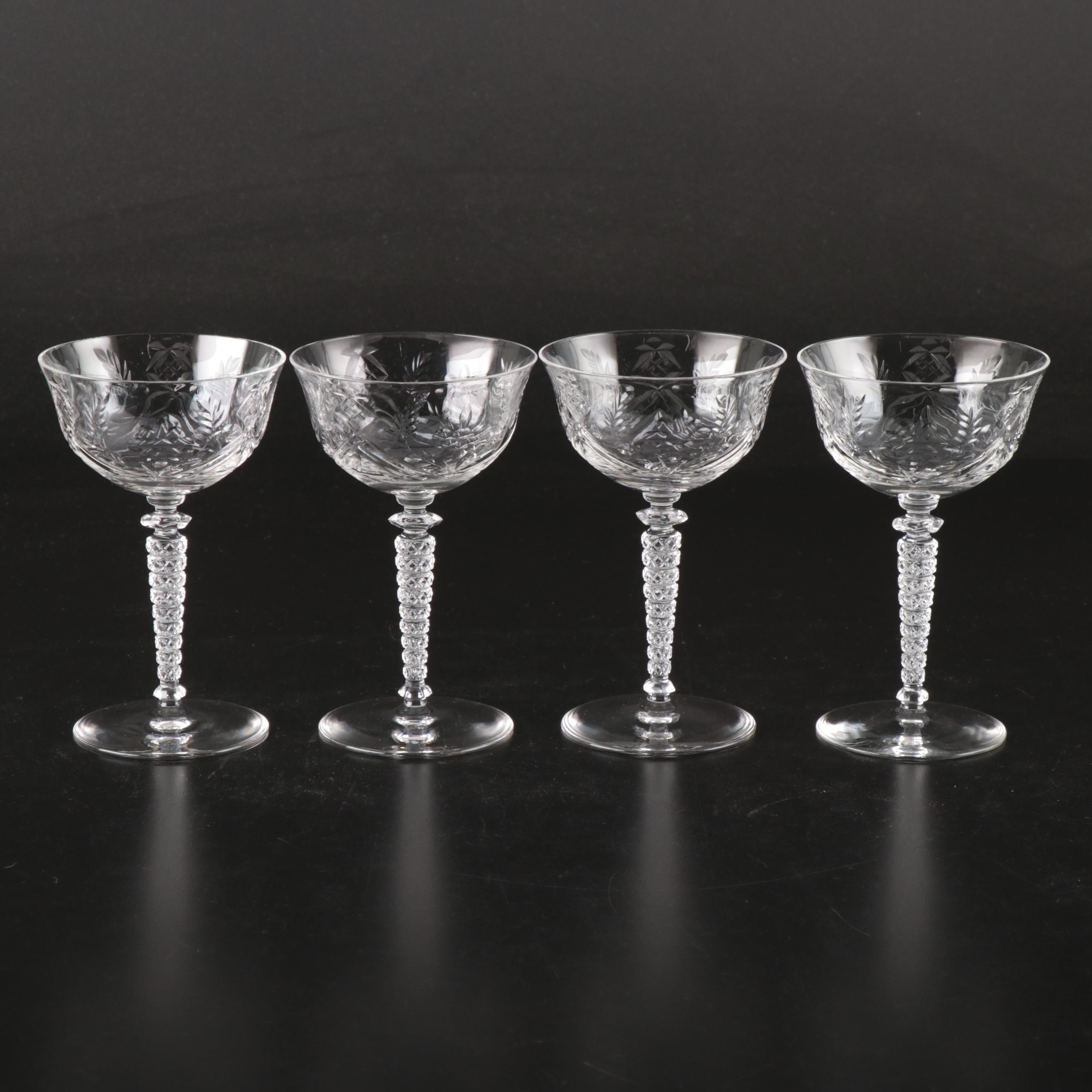 Art Deco Style Long Stem Etched Glass Coupes, Mid to Late 20th Century