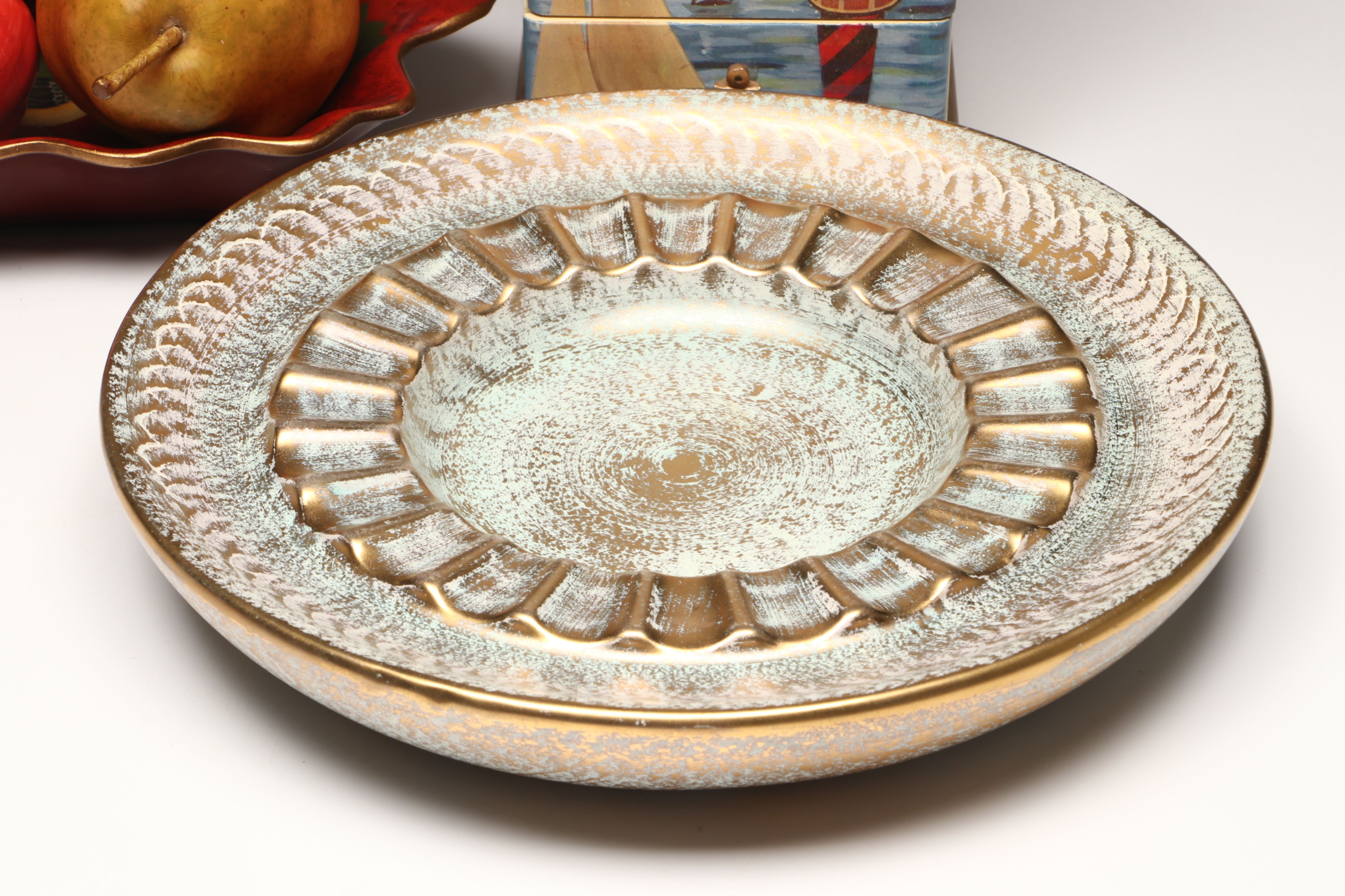 Stangl Pottery Ashtray and Bowl, Wooden Cabinet, and More Table Accessories