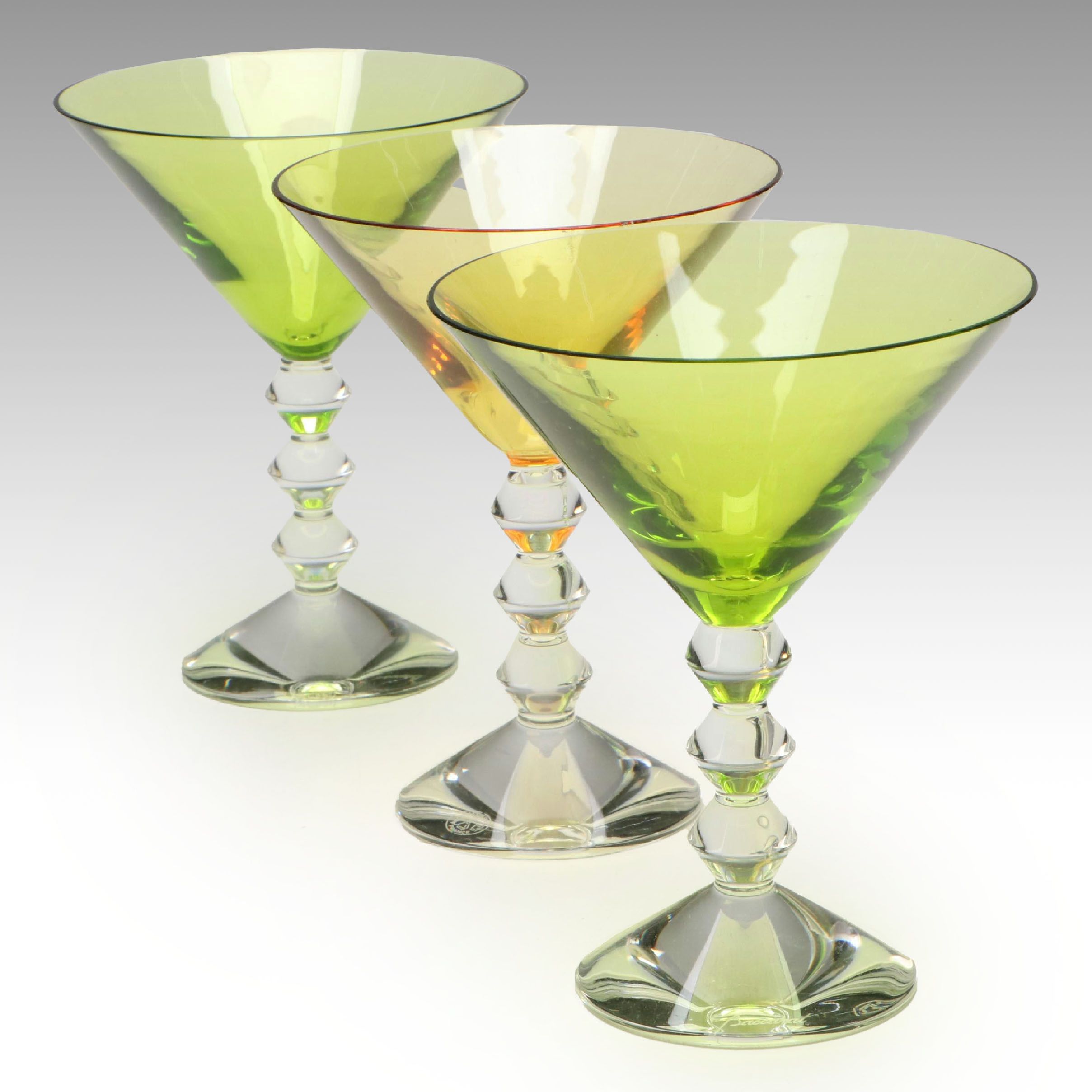 Baccarat "Vega" Olive Green and Topaz Crystal Martini Glasses